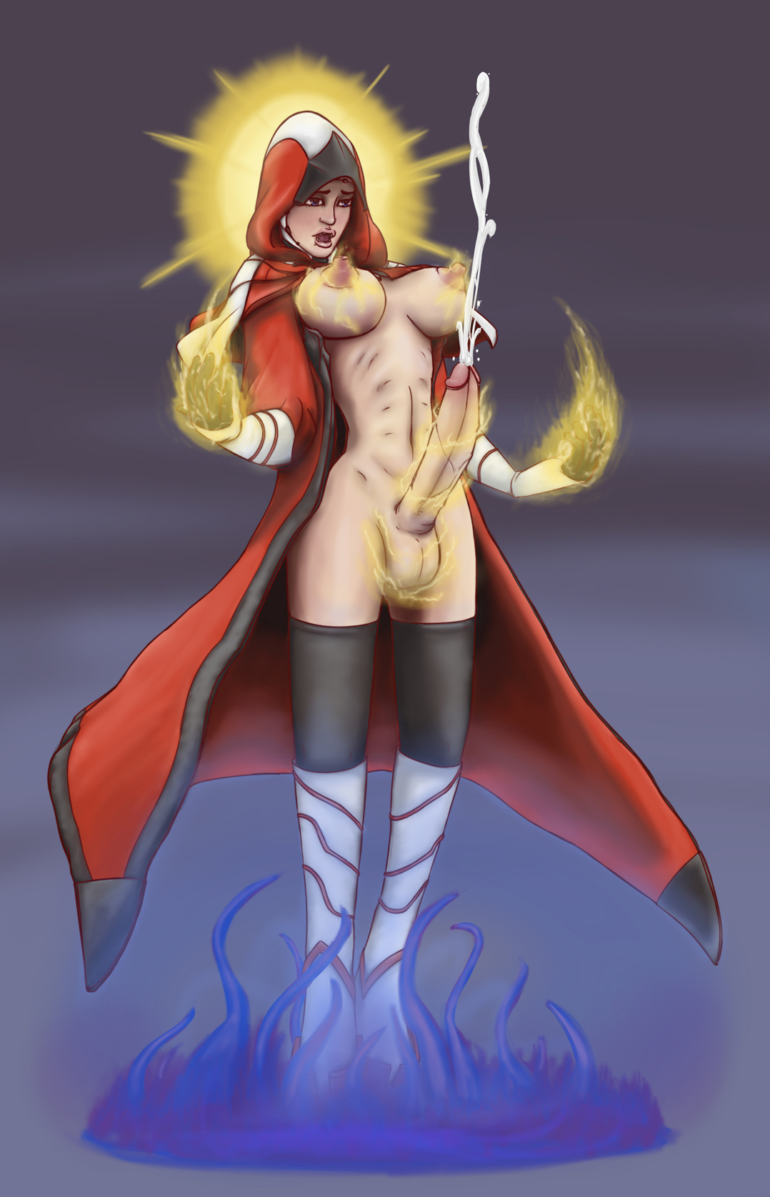 1futa, areolae, armwear, balls, big breasts, big nipples, big penis, breasts, clothed, clothing, coat, cum, ejaculation, erect nipples, erection, futa only, futanari, gloves, halo, hands-free, handsfree ejaculation, hood, human, intersex, large breasts, legwear, light skin, light-skinned futa, magic, magic user, masterchefguy, masturbation, mostly nude, nipples, orgasm, outerwear, pale skin, penis, solo, standing