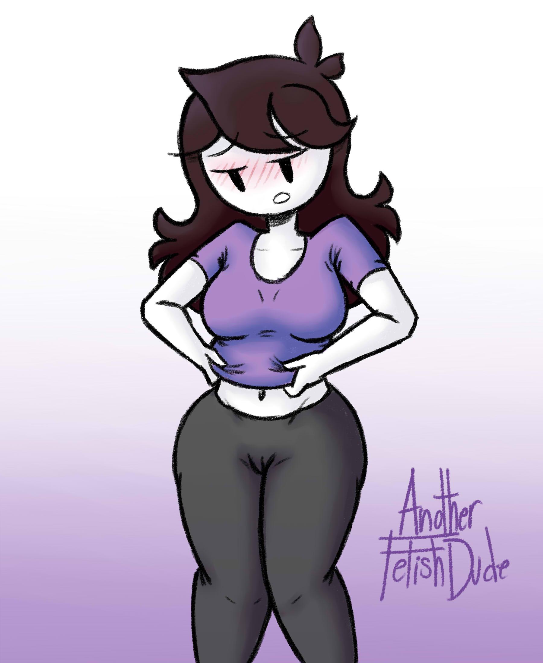 anotherfetishdude, belly button, big breasts, black pants, blush, breasts, brown hair, female, fully clothed, jaiden, jaiden animations, lifting shirt, looking down, open mouth, purple shirt, signature, thick thighs, white skin, youtube