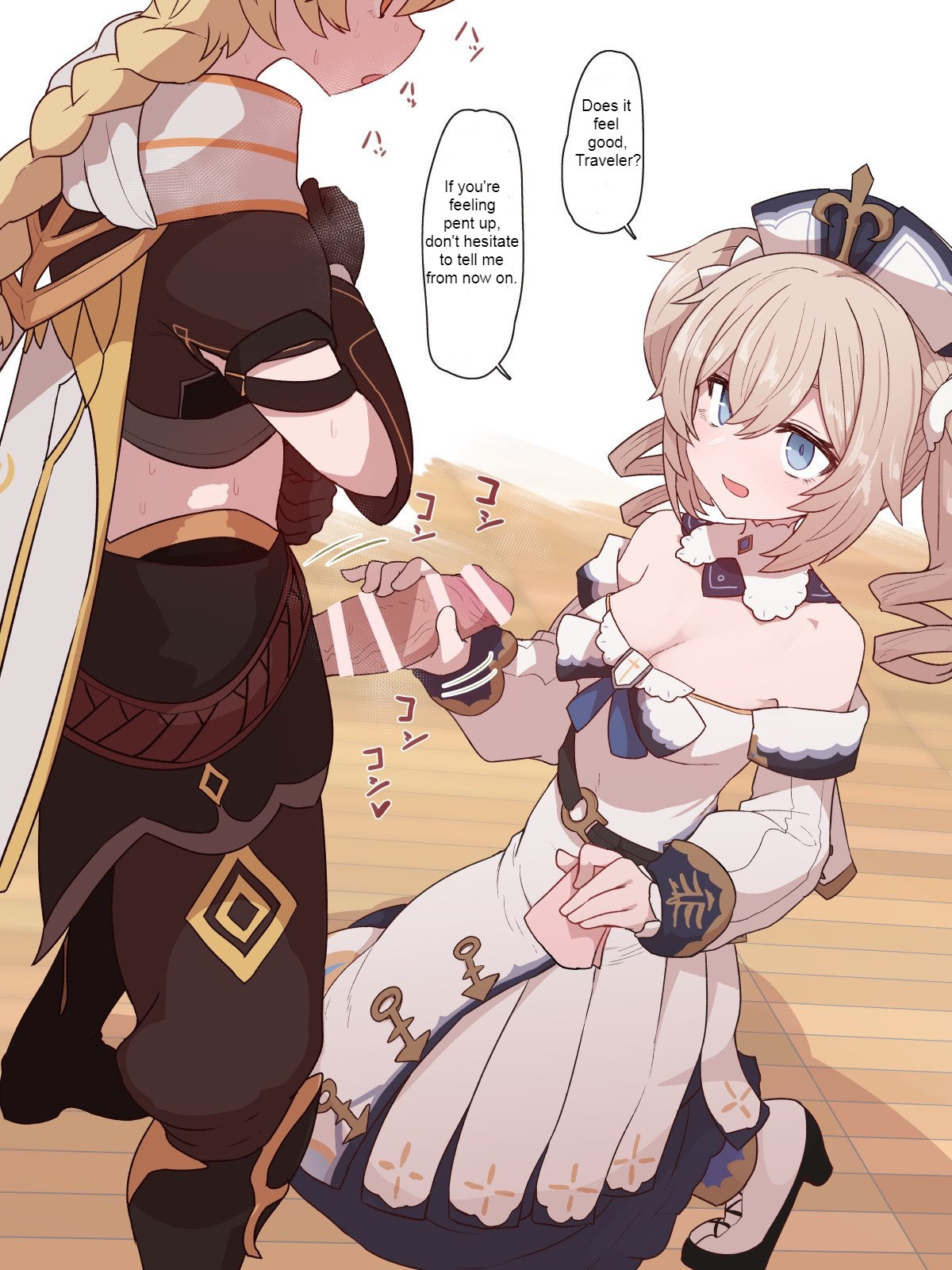 1boy, 1girls, aether (genshin impact), barbara (genshin impact), blonde hair, blue eyes, blush, breasts, censor bar, censored, cleavage, comic, dress, english text, erection, female, genshin impact, handjob, kneeling, light skin, light-skinned female, light-skinned male, male, nun, pants, penis, penis out, pent up, speech bubble, standing, straight, sumiyao (amam), twintails, veiny penis