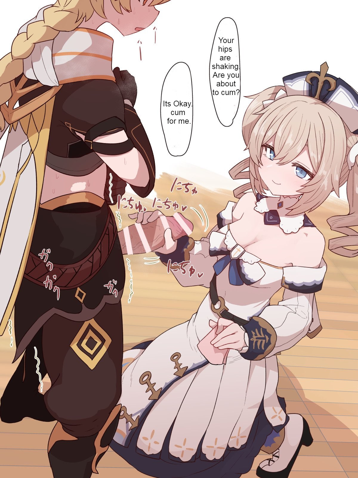1boy, 1girls, aether (genshin impact), barbara (genshin impact), blonde hair, blue eyes, blush, breasts, censor bar, censored, cleavage, comic, dress, english text, erection, female, genshin impact, handjob, kneeling, light skin, light-skinned female, light-skinned male, male, nun, pants, penis, penis out, smile, speech bubble, standing, straight, sumiyao (amam), twintails, veiny penis