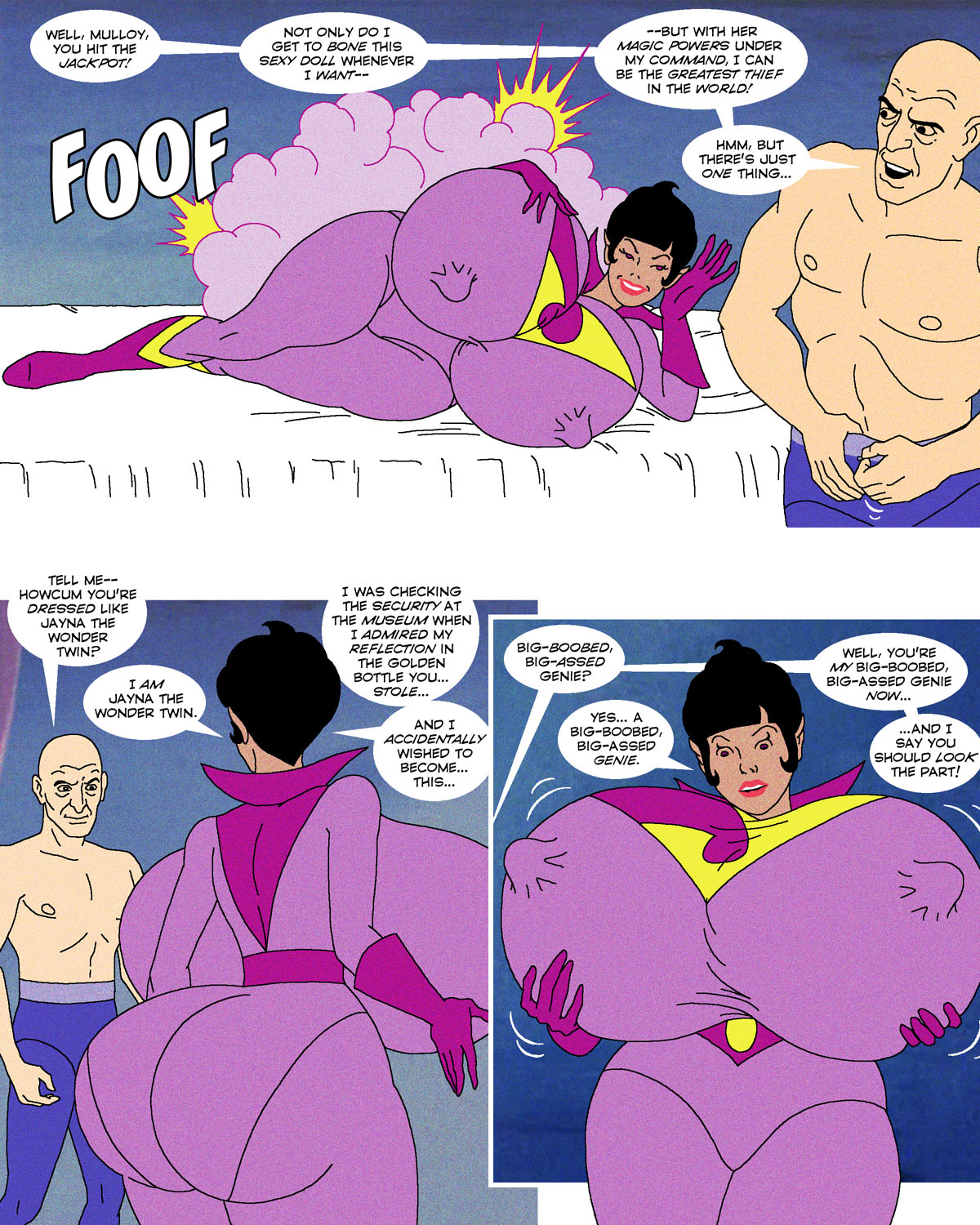 1boy 1girls ani7us ass bangs big_breasts black_hair boots breasts brown_body brown_skin busty comic curvaceous curvy dat_ass dc dc_comics dialogue elf_ear elf_ears english_text eyelashes eyes eyeshadow female genie hanna-barbera hips hyper_ass hyper_breasts jayna_(wonder_twins) large_ass large_breasts legs light-skinned_male light_skin lips lipstick male male/female nipple_bulge parody pointed_ears pointy_ears pokies purple_eyes short_hair speech_bubble straight super_friends superheroine tan_skin text thick_ass thick_legs thick_thighs voluptuous wide_hips wonder_twins