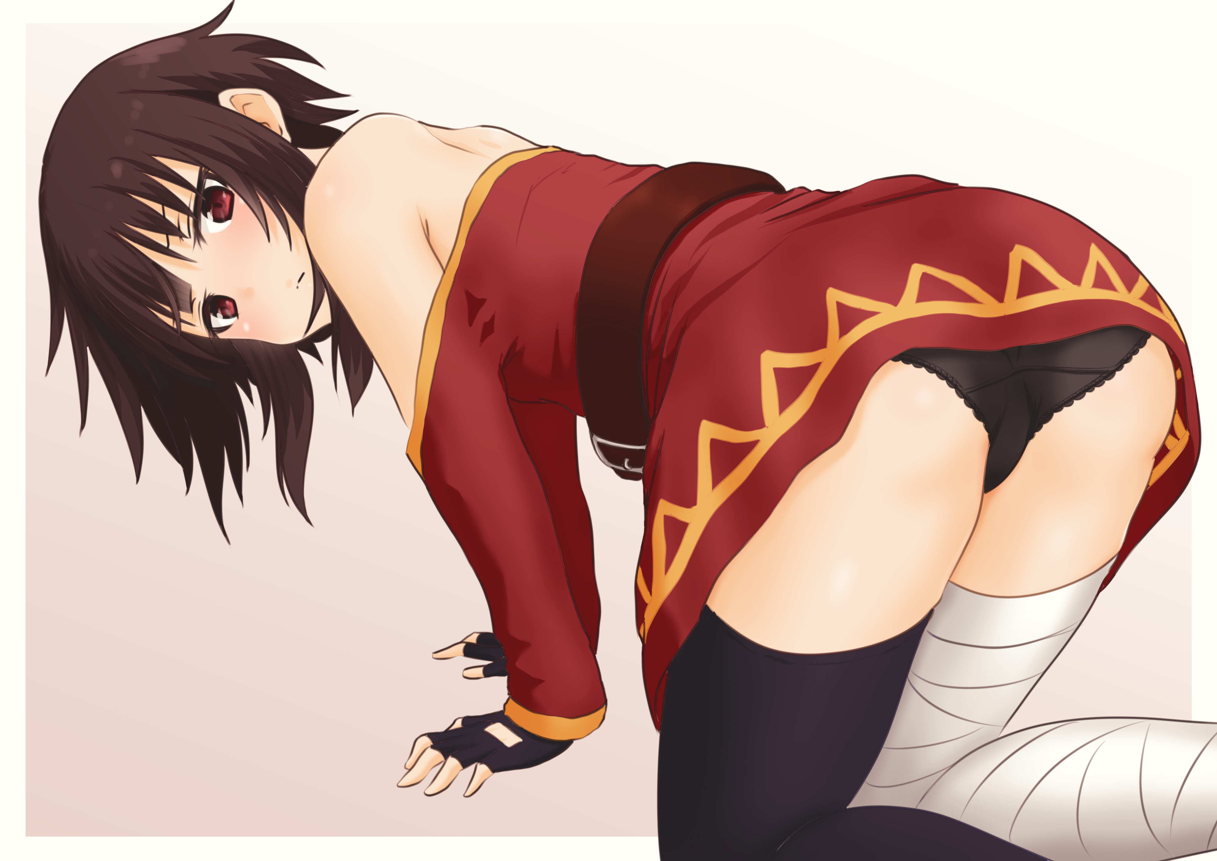 1girls, ass, bandage, bandaged leg, belt, black gloves, black panties, female, kono subarashii sekai ni shukufuku wo!, looking at viewer, looking back, megumin, panties, pantyshot, red dress, red eyes, sirokohi, tagme, underwear, upskirt