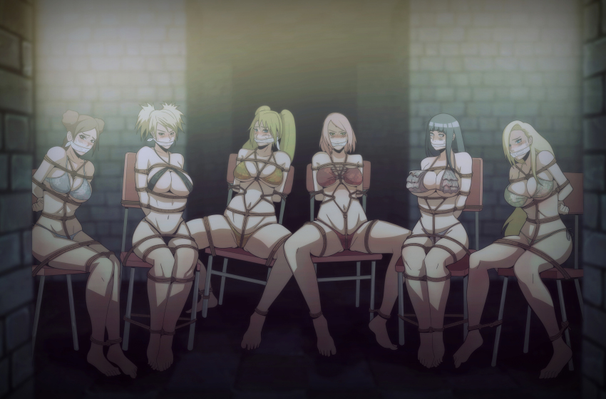 6girls, alternate breast size, arms behind back, barefoot, bikini, blush, bondage, bound, breasts, captured, chair, cleave gag, cloth gag, crotch rope, dungeon, female, female only, femsub, gag, gagged, helpless, huge breasts, hyuuga hinata, improvised gag, indrockz, indy riquez, ino yamanaka, kinbaku, multiple females, multiple girls, multiple subs, naruko, naruto, naruto (series), naruto shippuden, naruto: the last, nude, rope, rope bondage, rule 63, sakura haruno, source request, swimsuit, temari, tenten, tied to chair, uzumaki naruto