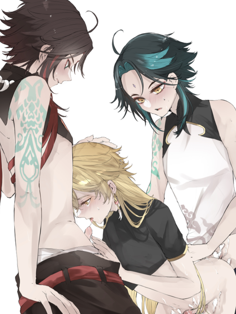3boys, aether (genshin impact), artist request, blonde hair, genshin impact, green hair, male, male only, red hair, tagme, xiao (genshin impact), yaoi