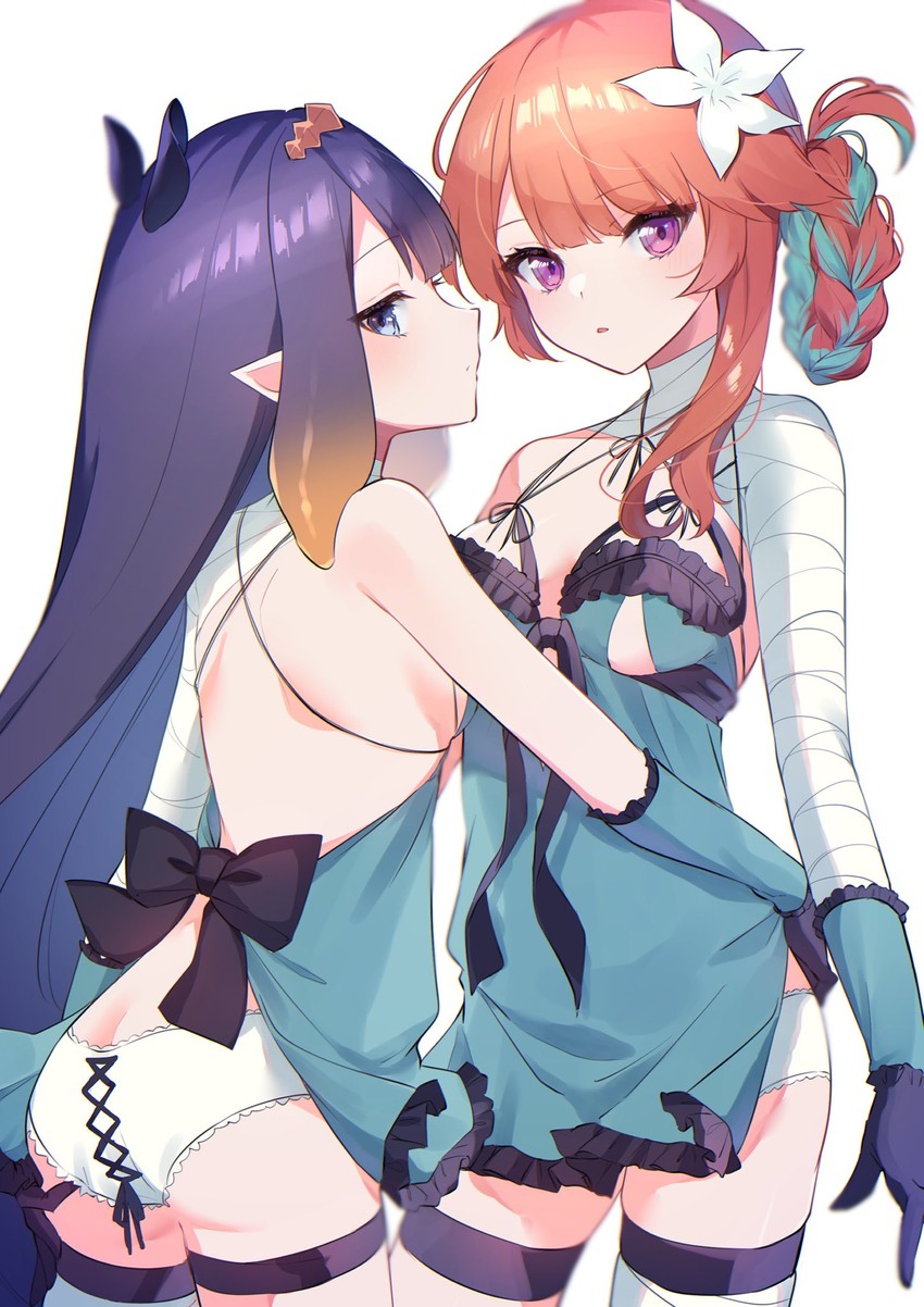 2girls, artist request, ass, ass cleavage, ass crack, ass focus, ass visible through clothes, ass visible through thighs, bandage, bare back, blue eyes, blush, blushing at viewer, breasts, butt crack, diadem, female, female focus, female only, flat chest, flat chested, from behind, gloves, green hair, hair ornament, highres, hololive, hololive english, hololive myth, kaine (nier) (cosplay), light skin, light-skinned female, lingerie, long gloves, long hair, looking at viewer, medium breasts, multicolored hair, negligee, nier, ninomae ina'nis, orange hair, pale skin, pale-skinned female, panties, pink eyes, purple hair, ribbon, ribbons, small breasts, source request, stockings, takanashi kiara, tiara, very high resolution, very long hair, virtual youtuber, white background, white panties, yuri