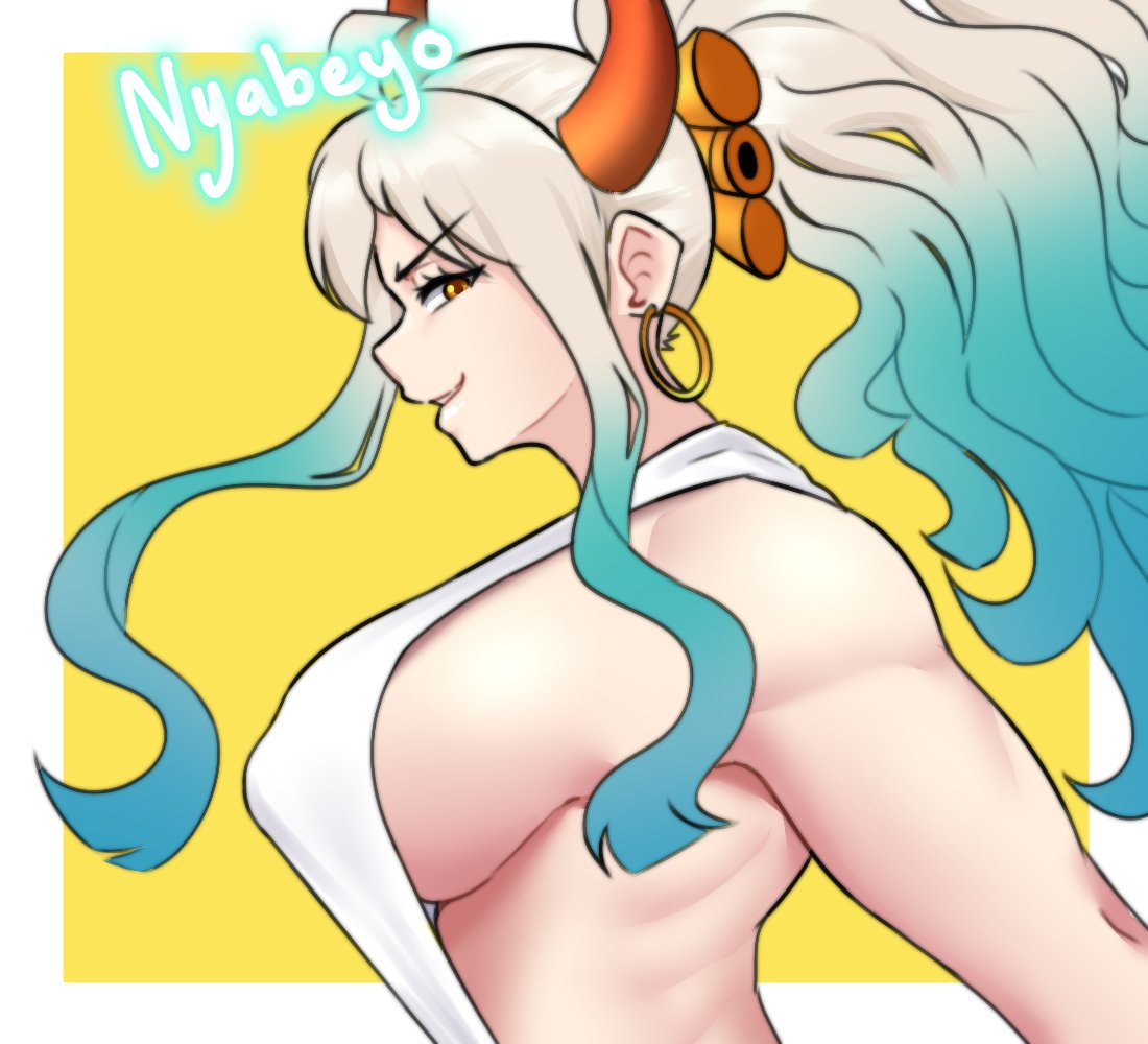 1girls, big breasts, blue hair, breasts, brown eyes, clothed, clothing, curvy, ear piercing, earrings, eye contact, female, female only, gradient hair, hi res, highres, hoop earrings, horned humanoid, horns, humanoid, large breasts, light skin, light-skinned female, long hair, looking at viewer, multicolored hair, nipple bulge, nyabeyo, one piece, oni, oni female, oni horns, profile, revealing clothes, side view, sideboob, simple background, solo, two-tone hair, upper body, white hair, white-haired female, yamato (one piece)