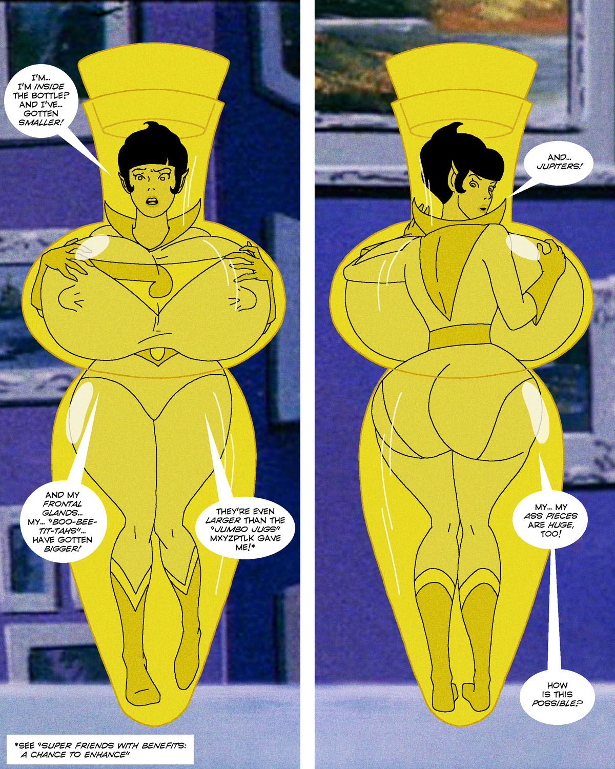 1girls alternate_ass_size alternate_breast_size ani7us ass ass_expansion bangs big_ass big_breasts black_hair boots breast_expansion breasts busty comic curvaceous curvy dat_ass dc dc_comics dialogue elf_ear elf_ears english_text eyelashes eyes eyeshadow female genie gigantic_breasts hanna-barbera hips hourglass_expansion huge_ass huge_breasts hyper_ass hyper_breasts jayna_(wonder_twins) large_ass large_breasts legs light_skin lips lipstick nipple_bulge parody pointed_ears pointy_ears pokies purple_eyes short_hair speech_bubble super_friends superheroine tan_skin text thick_ass thick_legs thick_thighs voluptuous wide_hips wonder_twins