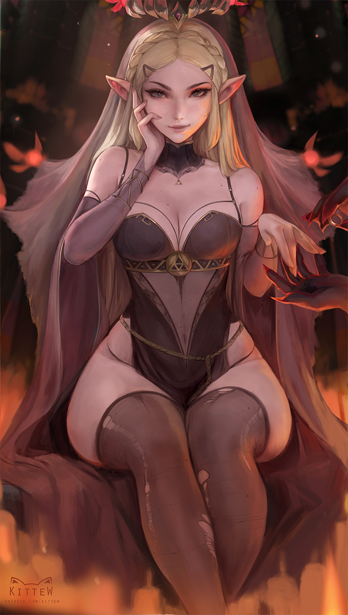 1girls 2d artist_name bad_end blonde_hair brat breasts cleavage corruption evil evil_smile face female female_only kittew light-skinned_female light_skin looking_at_viewer nintendo pale-skinned_female pale_skin princess_zelda solo the_legend_of_zelda thick_thighs thighhighs watermark wide_hips zelda_(breath_of_the_wild)