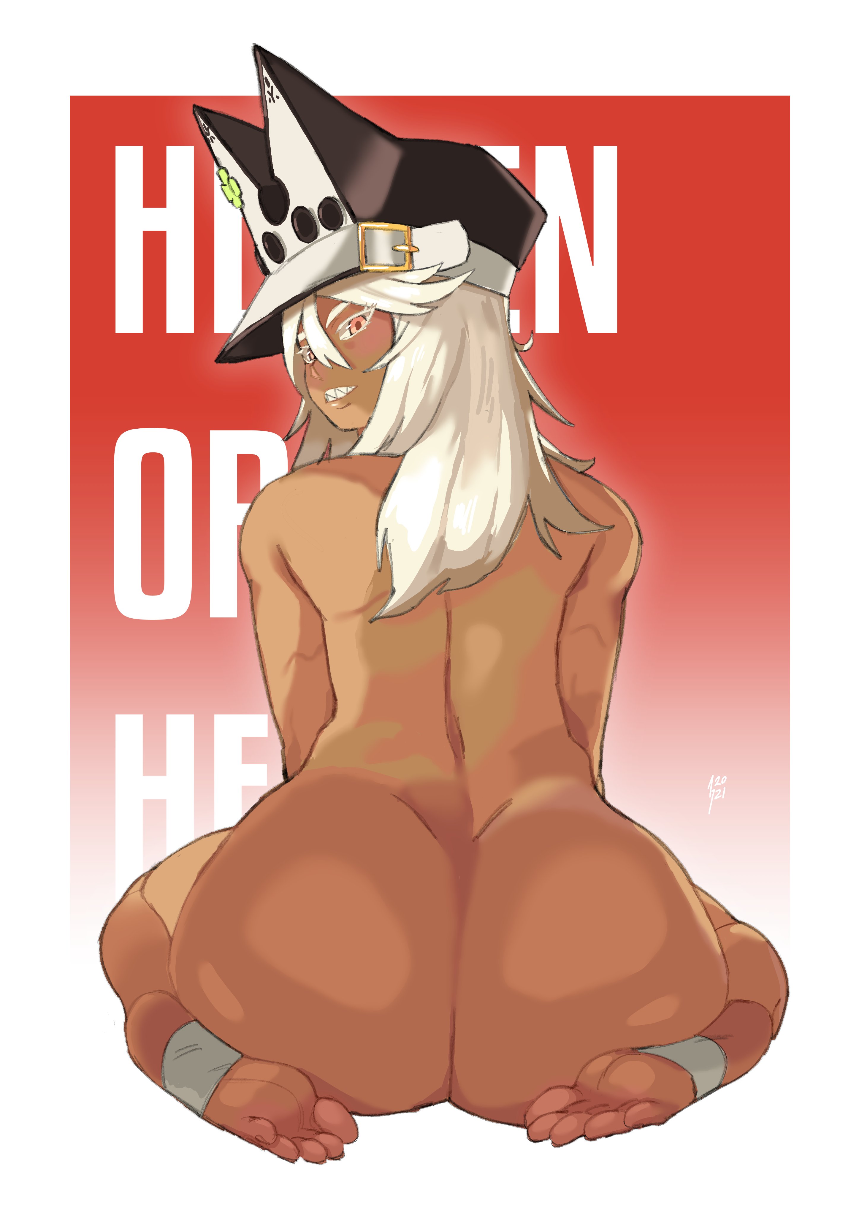 1girls, ass, astral seven, dark-skinned female, female, from behind, guilty gear, hat, nude, ramlethal valentine, sharp teeth, sitting, wariza, white background