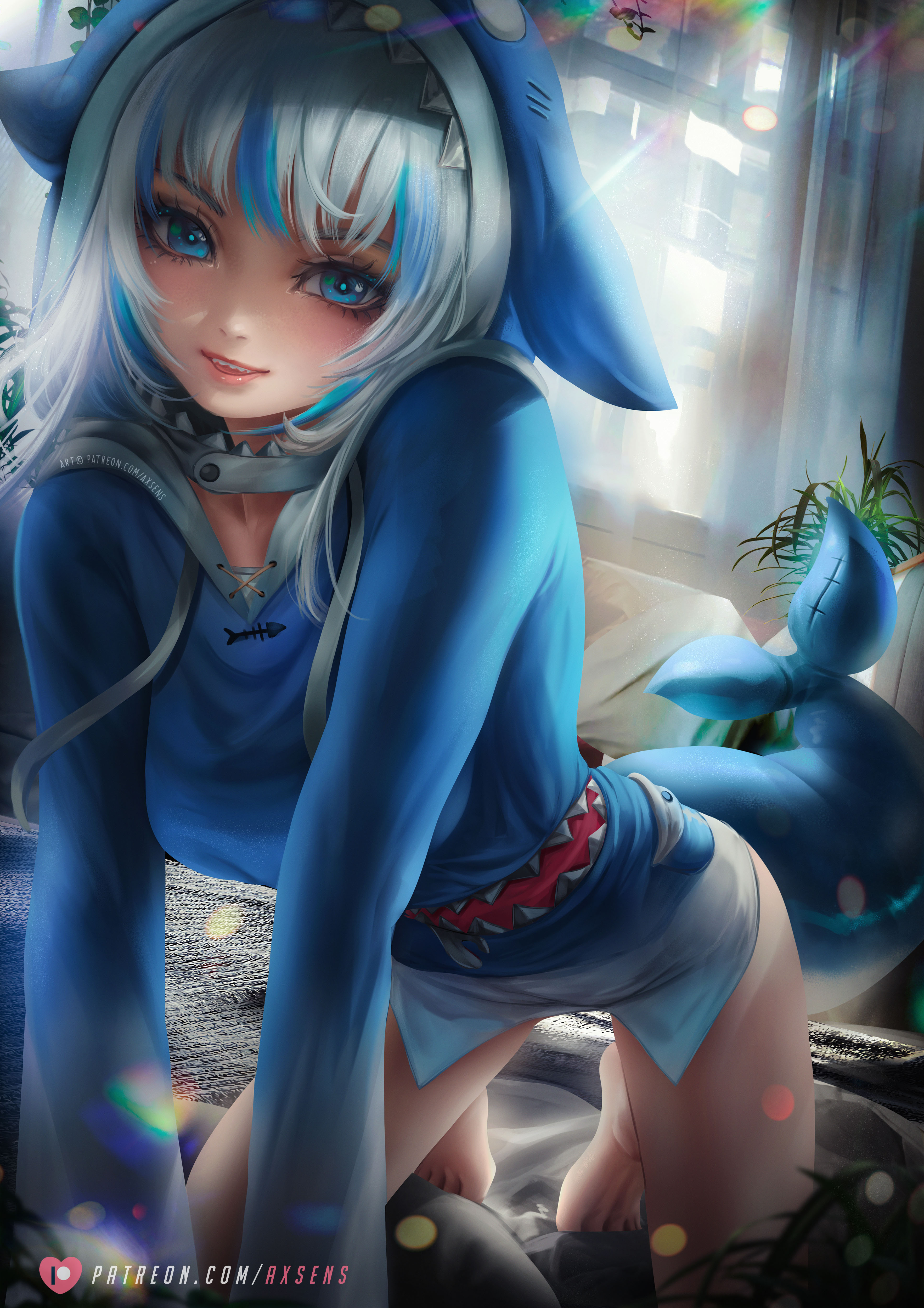 1girls, alternate breast size, animal ears, animal hood, artist name, axsens, bent knees, breasts, clothed, clothed female, color, colored, costume, couch, female, female focus, female only, gawr gura, grey hair, high resolution, highlights, hololive, hololive english, hololive myth, hood, hood up, human, indoors, kneeling, large breasts, long hair, long sleeves, on knees, plant, potted plant, realistic, room, shark costume, solo, solo female, solo focus, sunbeam, sunlight, tagme, text, virtual youtuber, watermark, youtube, youtuber