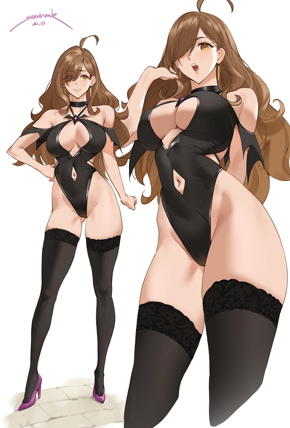 1girls belly_button boob_window brown_hair choker earrings gold_eyes halloween_costume high_heels highleg_leotard kono_subarashii_sekai_ni_shukufuku_wo! leotard looking_at_viewer looking_down sendrawz stockings thick_thighs thighhighs wiz_(konosuba)