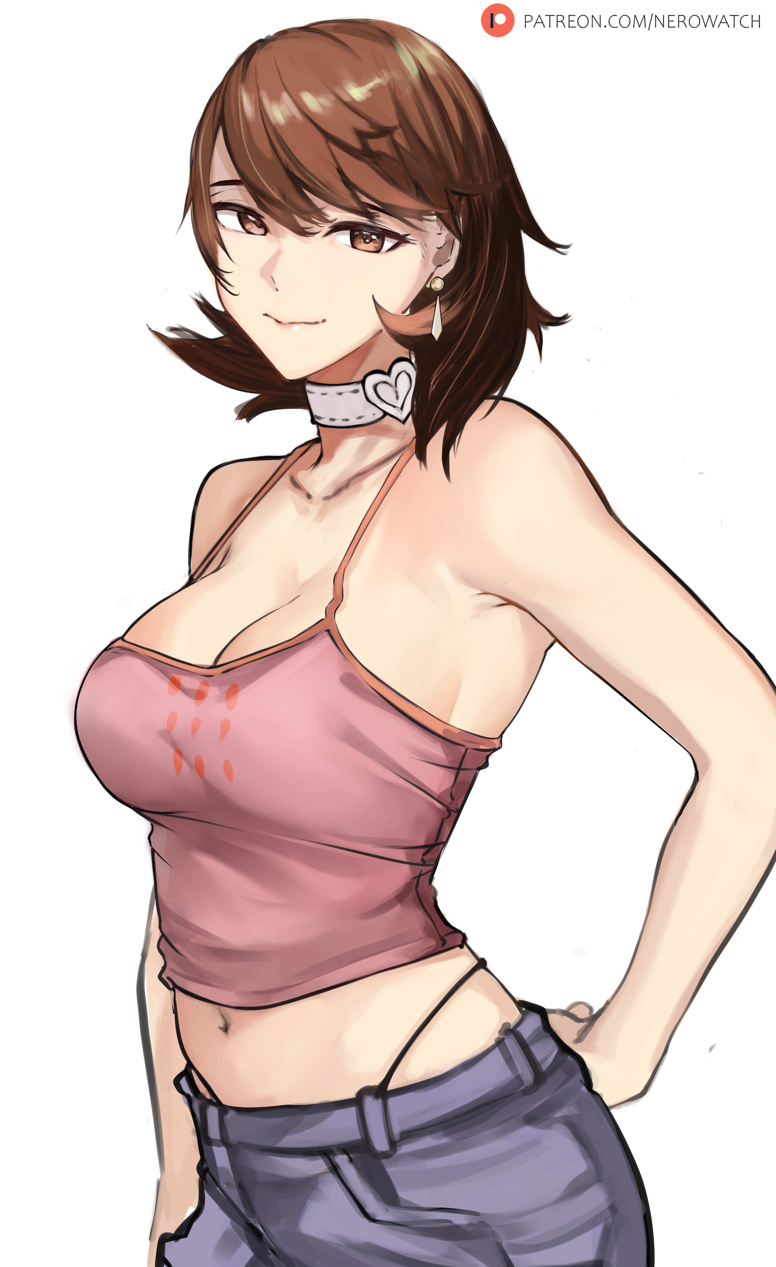 1girls, big breasts, breasts, brown eyes, brown hair, choker, clothing, female, nero watch, persona, persona 3, visible underwear, whale tail, white background, yukari takeba