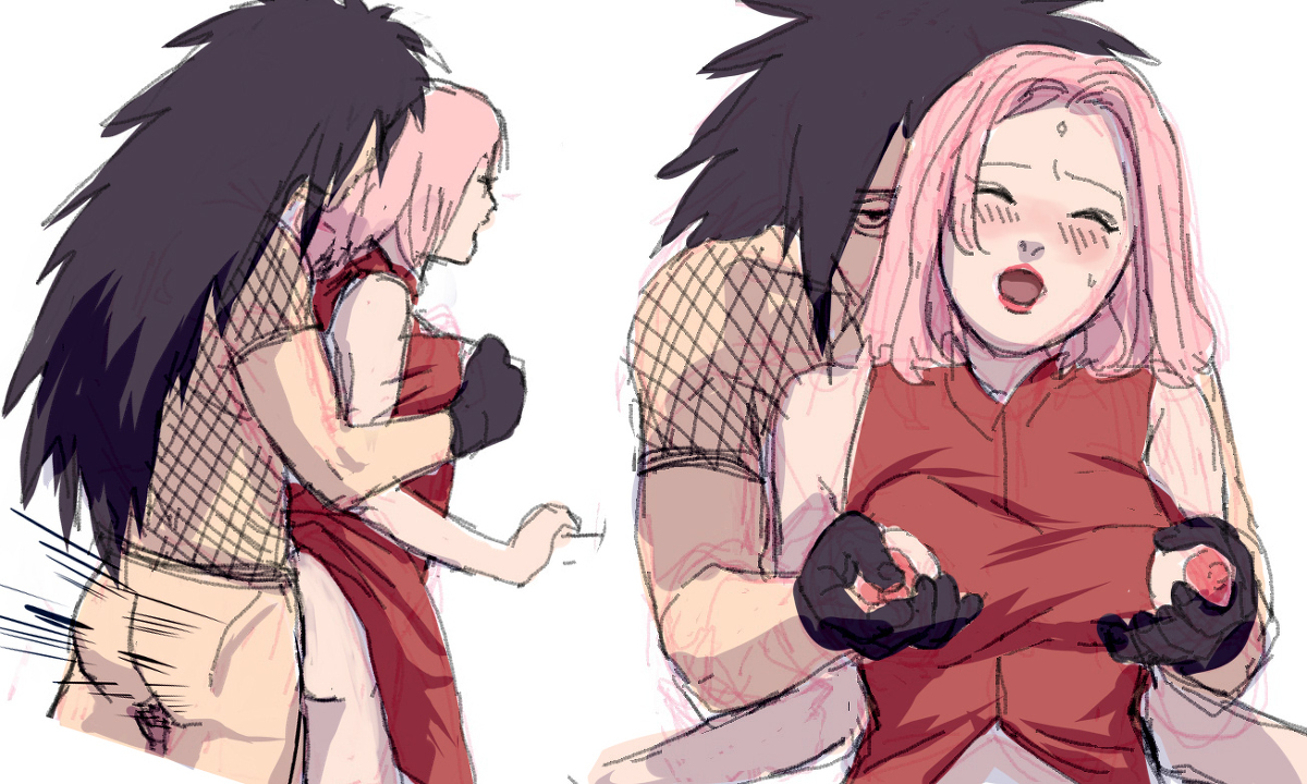 1boy, 1girls, ambiguous penetration, artist request, black hair, blush, bottomless, breasts, closed eyes, dress, exposed breasts, exposed nipples, female, gloves, haruno sakura, long hair, male, moaning, motion lines, multiple views, naruto, naruto (series), naruto shippuden, nipple pinch, nipple play, nipple tweak, nippleless clothes, open mouth, pink hair, sakura haruno, shirt, speed lines, standing, standing sex, uchiha madara