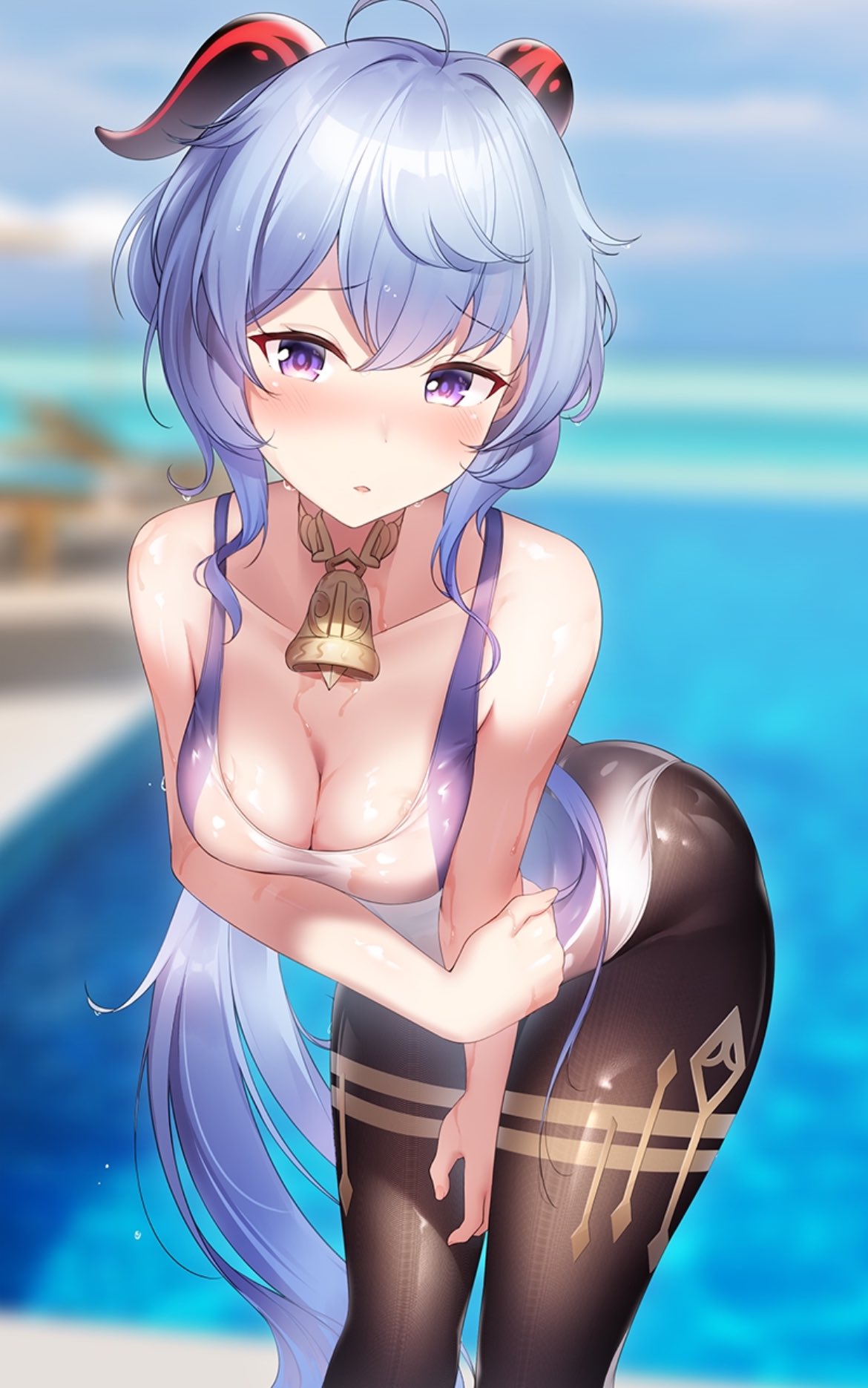 1girls adeptus big_breasts blue_hair blush breasts cowbell ganyu_(genshin_impact) genshin_impact horns purple_eyes qilin revealing_clothes shirosaba wet wet_clothes