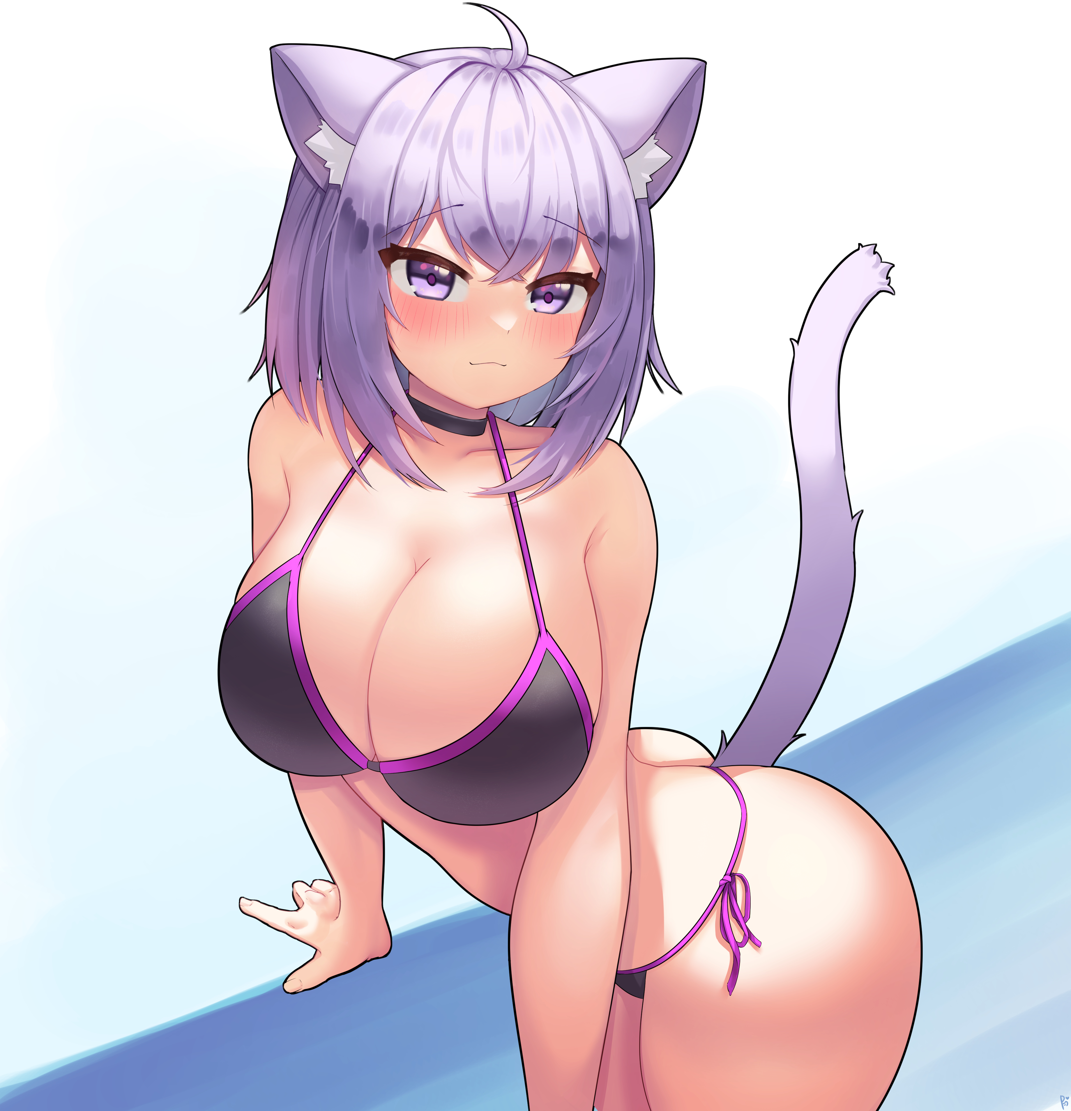 ahoge, animal ears, ass, bangs, big breasts, bikini, blush, breasts, busty, cat ears, cat girl, cat tail, catgirl, cleavage, female, female only, gypsophila, hololive, hololive gamers, hololive japan, huge breasts, nekomata okayu, okayu ch., purple hair, solo, solo female, swimsuit, virtual youtuber, voluptuous