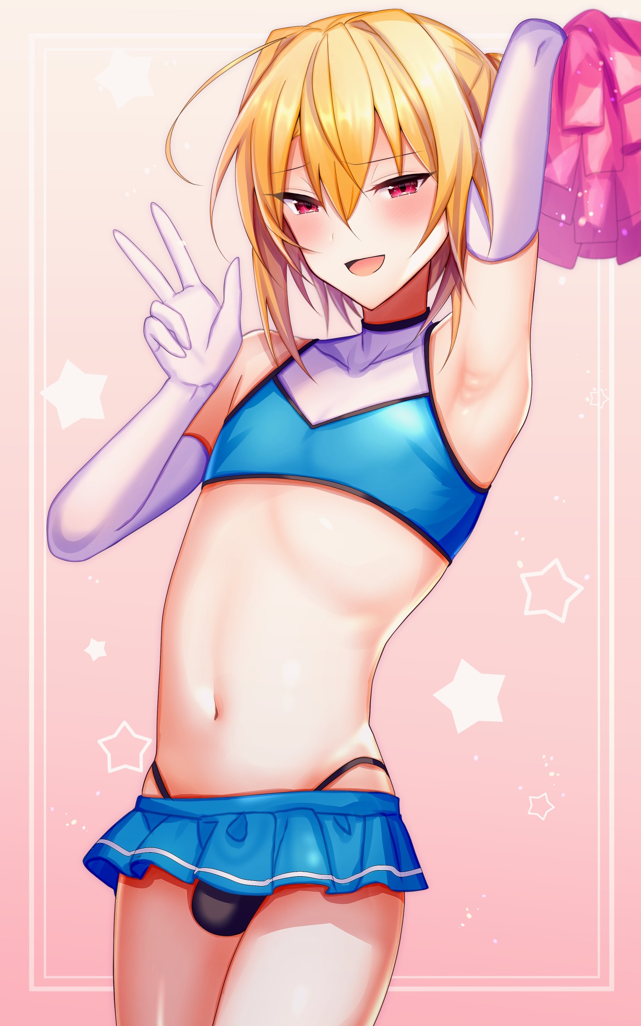 1boy, blonde hair, blush, bulge, cheerleader, cheerleader uniform, crossdressing, eye contact, femboy, gloves, looking at viewer, male, male only, original, penis, penis bulge, short hair, skirt, solo, thighs, thong, uruaki
