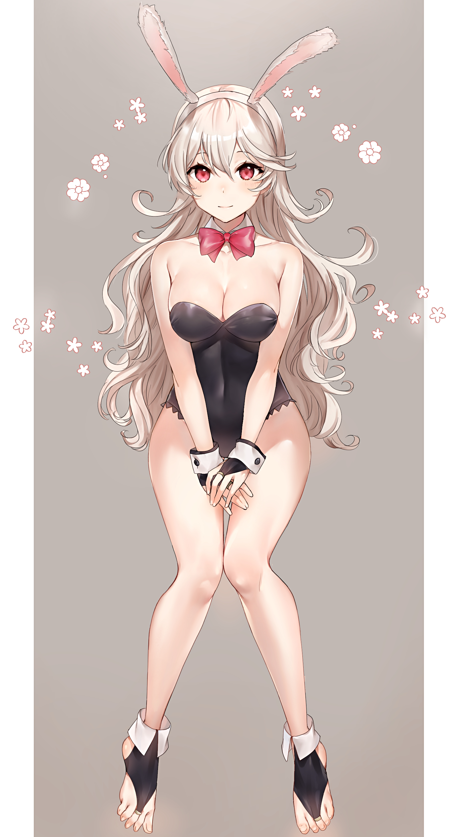 1girls, absurdres, alternate costume, animal ears, bangs, bare shoulders, black gloves, black leotard, blush, bow, bowtie, breasts, bunny ears, bunny girl, bunnysuit, cleavage, closed mouth, collarbone, corrin (fire emblem), corrin (fire emblem) (female), detached collar, fake animal ears, feet, female, fire emblem, fire emblem fates, gloves, hair between eyes, haru (nakajou-28), highres, jewelry, large breasts, leotard, long hair, looking at viewer, manakete, nintendo, own hands together, playboy bunny, rabbit ears, red bow, red eyes, red neckwear, silver hair, sitting, smile, solo, strapless, strapless leotard, symbol-only commentary, toe ring, toeless legwear, toenails, toes, very long hair, wavy hair, wrist cuffs