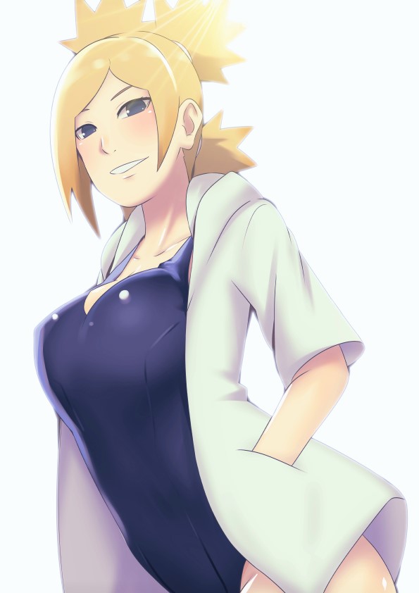bare legs, big breasts, blonde hair, blue swimsuit, blush, boruto: naruto next generations, breasts, cleavage, eeshin (eishin5584), female, female only, hand in pocket, looking at viewer, mature, mature female, milf, naruto, naruto (series), one-piece swimsuit, quad tails, smile, smiling at viewer, solo, solo focus, sunlight, swimsuit, teal eyes, temari, tied hair, wide hips