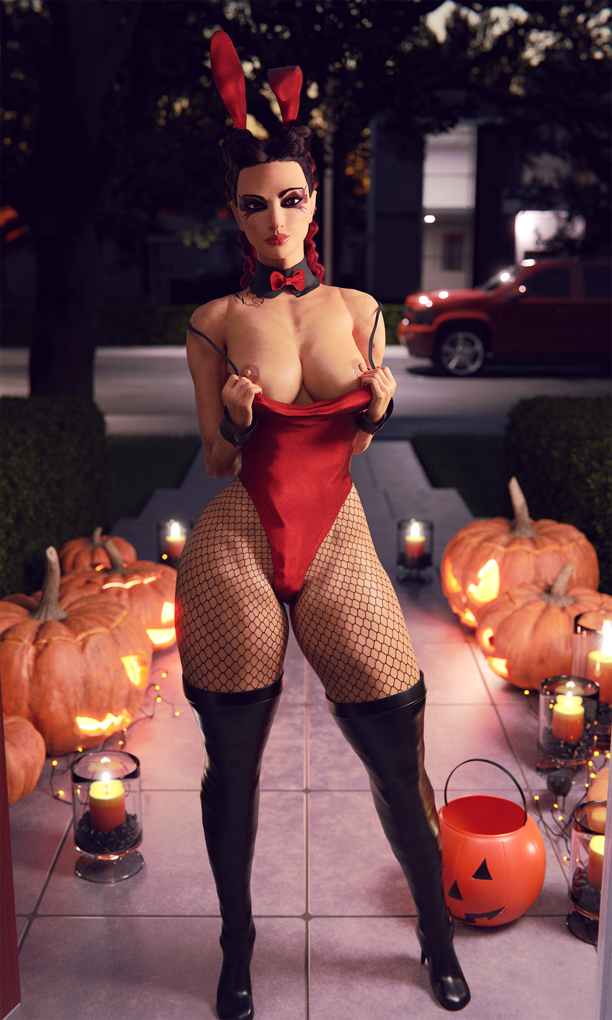 1girls, 3d, 3d (artwork), apex legends, big breasts, bodysuit, boots, braided hair, breasts, clothed, costume, el-recondite (artist), eye markings, female, female focus, female only, fishnets, halloween, halloween costume, hi res, hourglass figure, leather boots, loba (apex legends), pumpkin, rabbit ears, solo, solo female, solo focus, twintails, wide hips