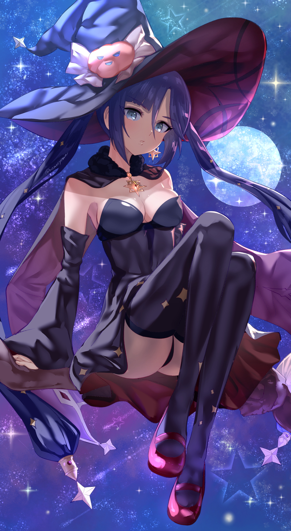1girls, 2021, black hair, black panties, blue eyes, breasts, broom riding, broomstick, cleavage, dress, female, female only, front view, genshin impact, hair ornament, halloween, hat, large hat, long hair, looking at viewer, medium breasts, mona (genshin impact), night, outdoors, panties, pantyshot, solo, thick thighs, thighhighs, thighs, twintails, uenoryoma, witch costume, witch hat