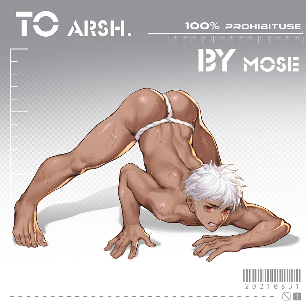 1boy abstract_background ass ass_up back clenched_teeth fundoshi gay jack-o_pose jackochallenge male_only meme mosilll red_eyes solo sweatdrops top-down_bottom-up white_hair