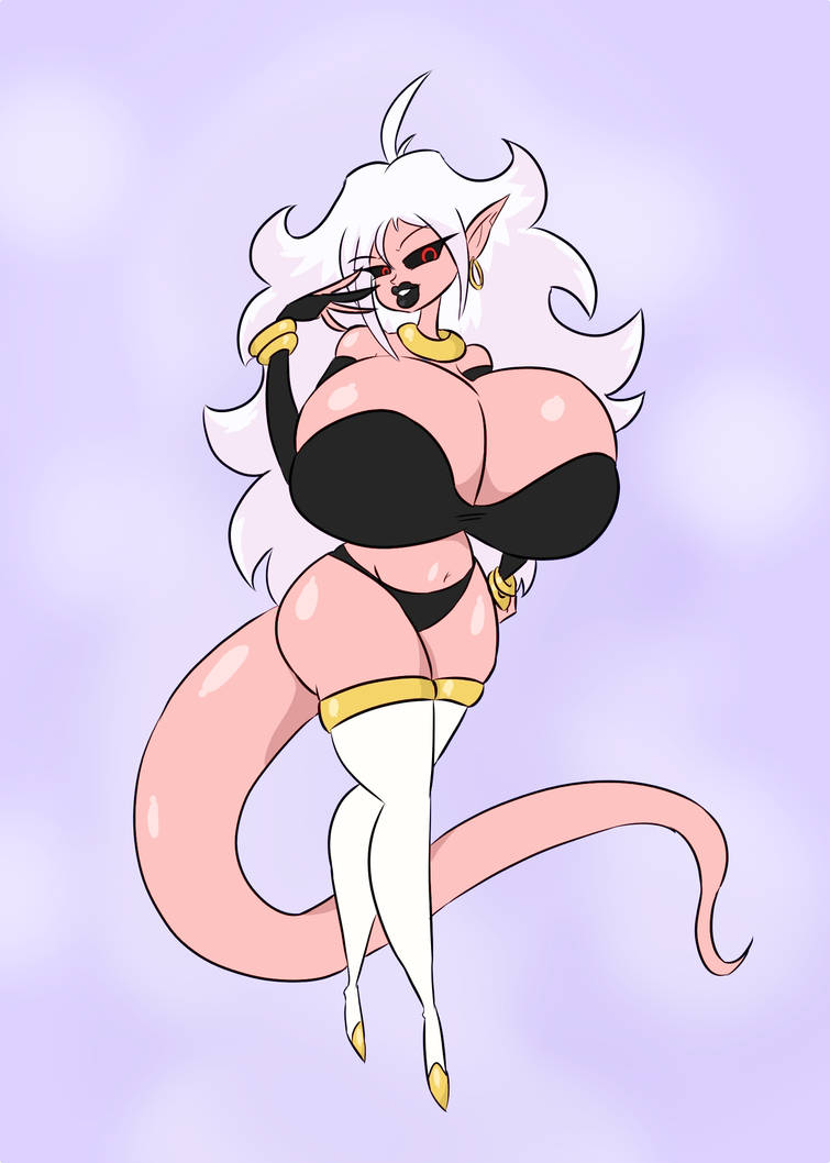 1girls, alternate breast size, android 21, big breasts, bimbo, black lipstick, breasts, da-fuze, dragon ball, dragon ball fighterz, earrings, female, gold bracelet, huge breasts, hyper, hyper breasts, majin, majin android 21, monster girl, pink skin, seductive look, seductive smile, solo, tail, thighhighs, top heavy, white hair