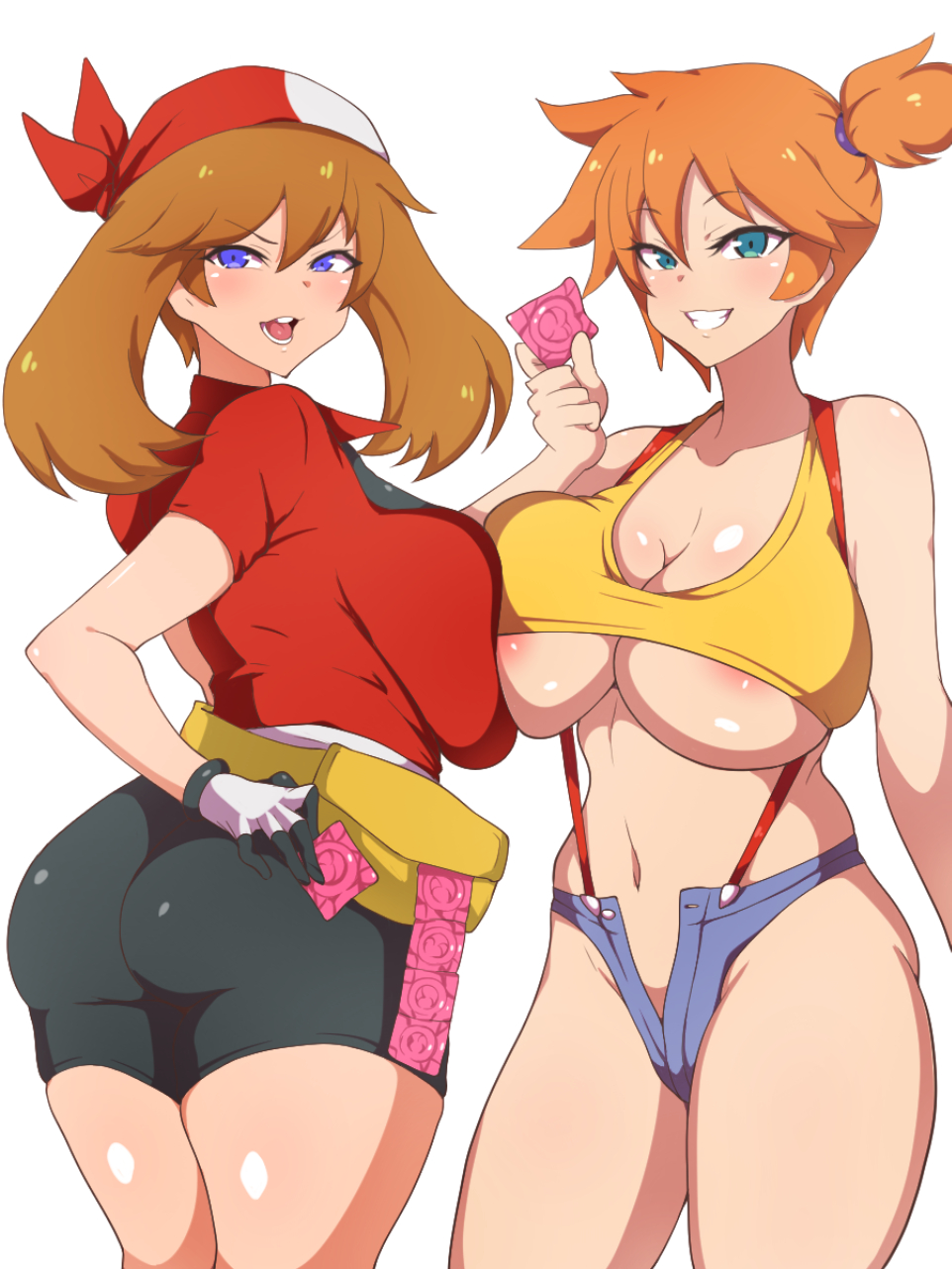 2021 2girls abs alternate_breast_size alternate_eye_color aqua_eyes ass big_breasts black_shorts brown_hair condom crop_top curvy_figure dat_ass dd_(artist) female female_only gloves huge_breasts kasumi_(pokemon) large_breasts leggings may_(pokemon) minishorts multiple_girls nintendo nipple_slip orange_hair pale-skinned_female pale_skin pokemon pokemon_rgby pokemon_rse purple_eyes shiny_skin short_hair shorts smile smiling_at_viewer smug spandex suspenders thick_thighs thighs thunder_thighs tight_clothing white_background wide_hips