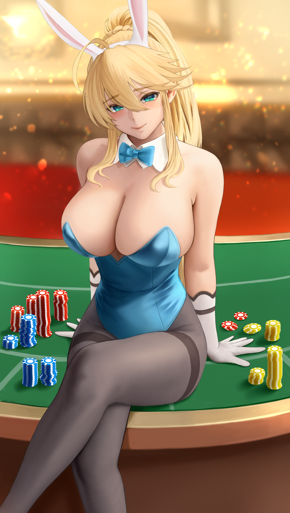 1girls 2021 ahoge alternate_version_available artoria_pendragon artoria_pendragon_(lancer) asuna_(blue_archive)_(cosplay) blonde_hair blue_archive blue_leotard blush bowtie breasts bunny_ears bunny_girl bunnysuit casino cleavage cosplay detached_collar detailed_background fate/grand_order fate_(series) feet_out_of_frame female female_focus female_only gambling gloves green_eyes highleg_leotard hips huge_breasts indoors leotard long_hair long_ponytail looking_at_viewer mature_female outfit_swap poker_chip poker_table ponytail sheer_legwear sitting slim_waist thick_thighs thighs tights wide_hips yamaneko_(tkdrumsco)