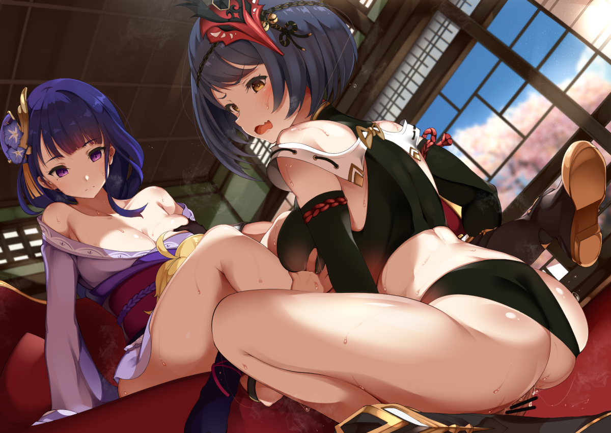 1boy, 2girls, aether (genshin impact), ass, black elbow gloves, black gloves, black long gloves, blush, breast grab, breasts, censor bar, censored, cleavage, couch, cowgirl position, double breast grab, elbow gloves, female, female on top, genshin impact, gloves, groping, japanese clothes, kimono, kujou sara, large breasts, long gloves, male, on couch, panties, panties aside, pussy, raiden shogun, sandwiched, sitting, squatting, sweat, takashia (akimototakashia), threesome, underwear, vaginal penetration
