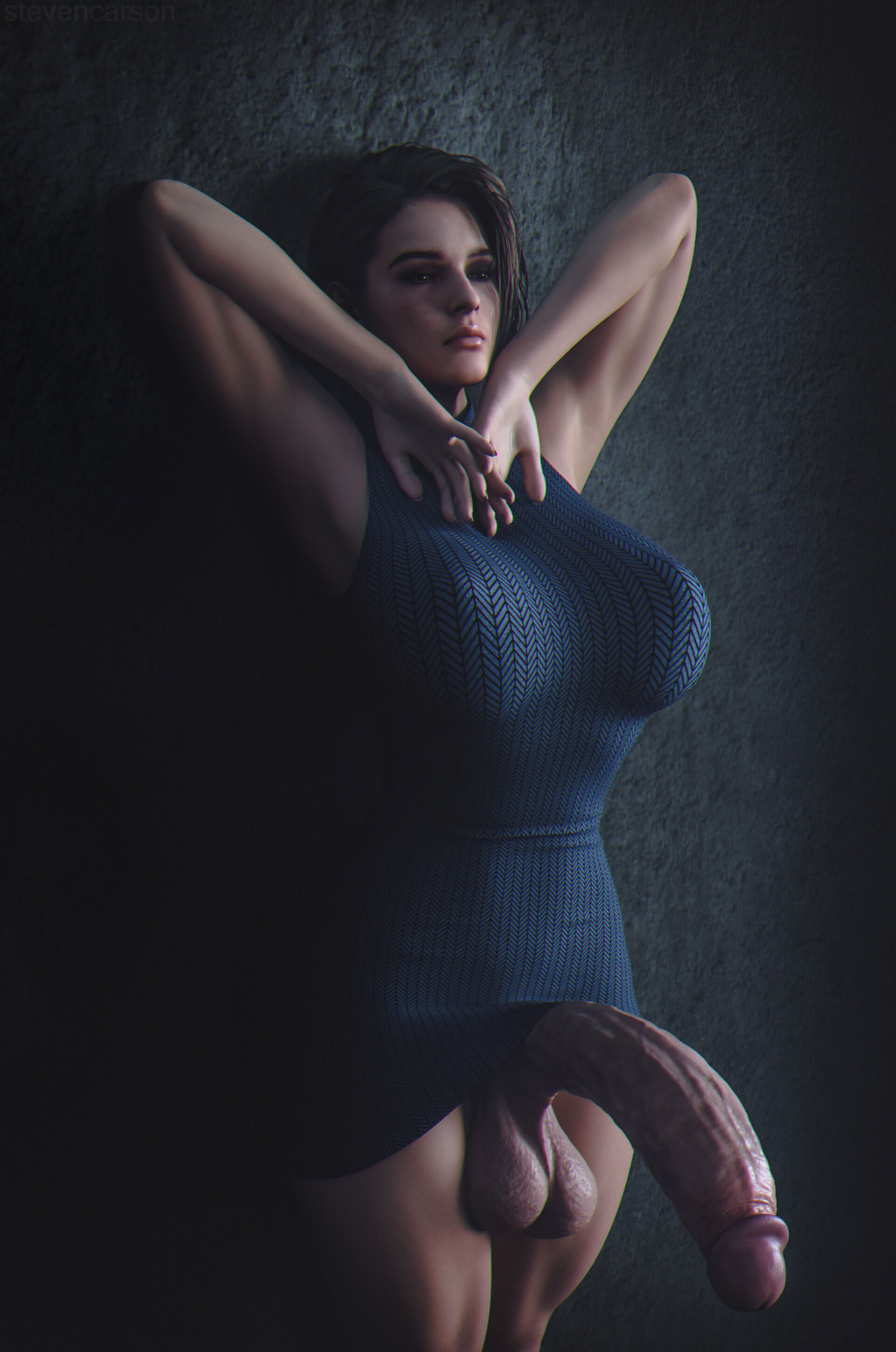 1futa, 3d, abs, balls, big breasts, big penis, breasts, dress, female, futa only, futanari, huge balls, huge breasts, huge cock, ineffective clothing, intersex, jill valentine, jill valentine (sasha zotova), light skin, light-skinned female, mostly nude, penis, resident evil, resident evil 3, resident evil 3 remake, solo, stevencarson