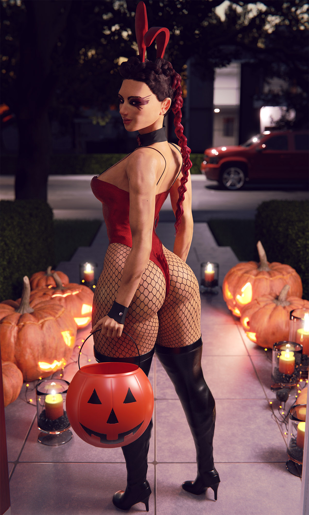 1girls, 3d, 3d (artwork), apex legends, ass, big breasts, bodysuit, boots, braided hair, breasts, clothed, costume, el-recondite (artist), eye markings, female, female focus, female only, fishnets, halloween, halloween costume, hi res, high heel boots, high heels, hourglass figure, large ass, leather boots, loba (apex legends), pumpkin, rabbit ears, solo, solo female, solo focus, twintails, wide hips