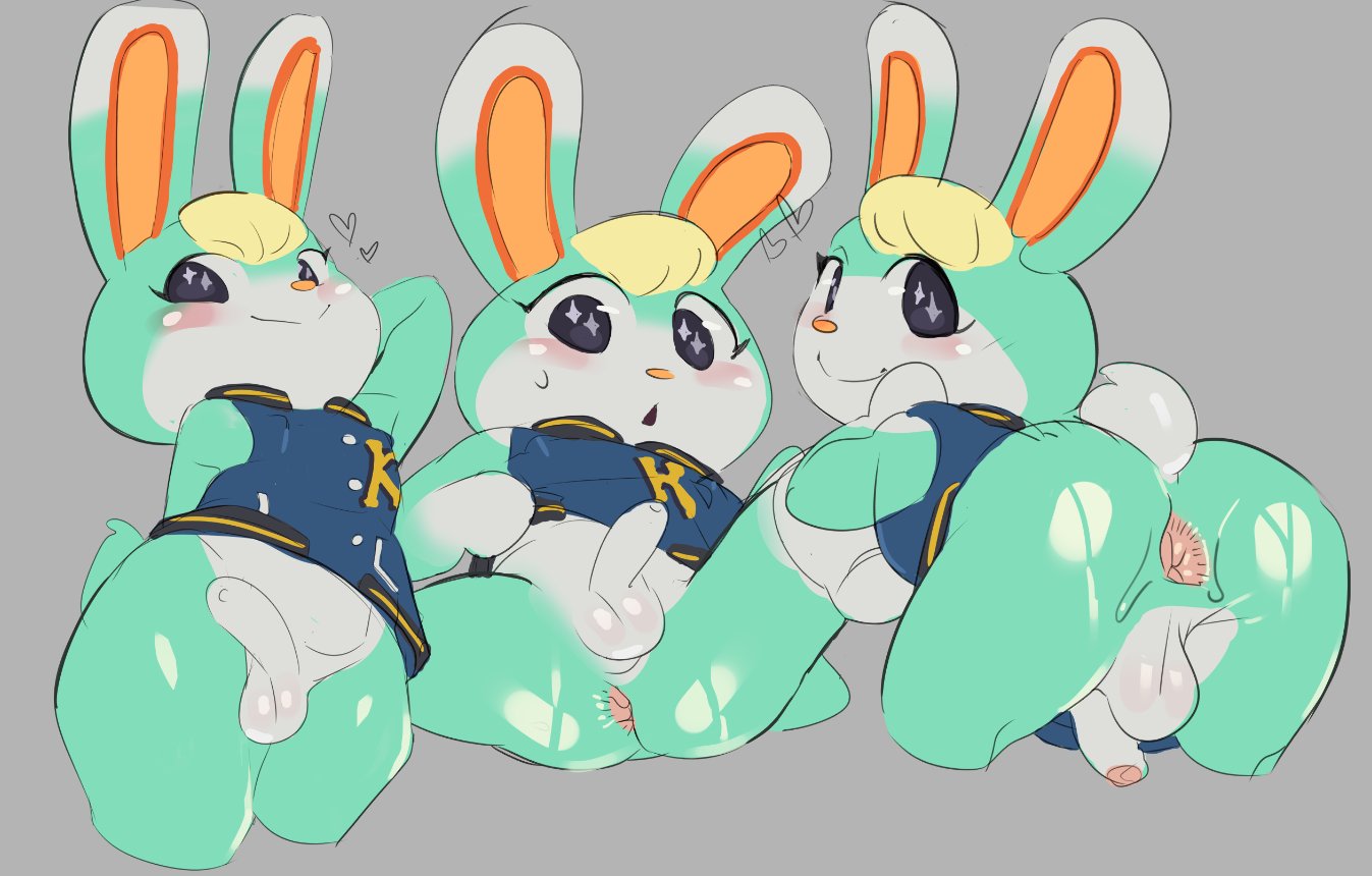 1boy, anal juice, animal crossing, anthro, anthro only, anthrofied, anus, ass, backsack, balls, ballsack, bent over, big pupils, blonde hair, blue clothing, blue jacket, blue topwear, blush, blushing, bodily fluids, bottomless, clothed, clothing, cotton tail, countershade balls, countershade face, countershade genitalia, countershade hands, countershade penis, countershade tail, countershading, erection, femboy, foreskin, front view, fur, genital fluids, genitals, girly, green body, green fur, grey background, jacket, lagomorph, leporid, letterman jacket, looking at viewer, male, male only, mammal, multicolored body, multicolored fur, nintendo, open mouth, penis, pink anus, presenting, presenting anus, presenting ass, presenting balls, presenting butt, presenting hindquarters, presenting penis, pupils, rabbit, rear view, sasha (animal crossing), simple background, sitting, small penis, smile, solo, sparkles, sparkling eyes, spazkid, sweat, sweatdrop, sweater, sweaty ass, sweaty balls, sweaty genitalia, sweaty thighs, topwear, uncircumcised, video games, white body, white fur, white penis