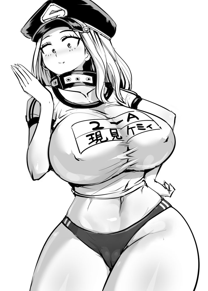 1girls big_breasts bloomers breasts buruma cameltoe camie_utsushimi chiroru eye_contact female greyscale gym_uniform hat huge_breasts large_breasts looking_at_viewer monochrome my_hero_academia shiketsu_high_school_cap solo sports_bra standing thick_thighs thighs tight_clothing wide_hips