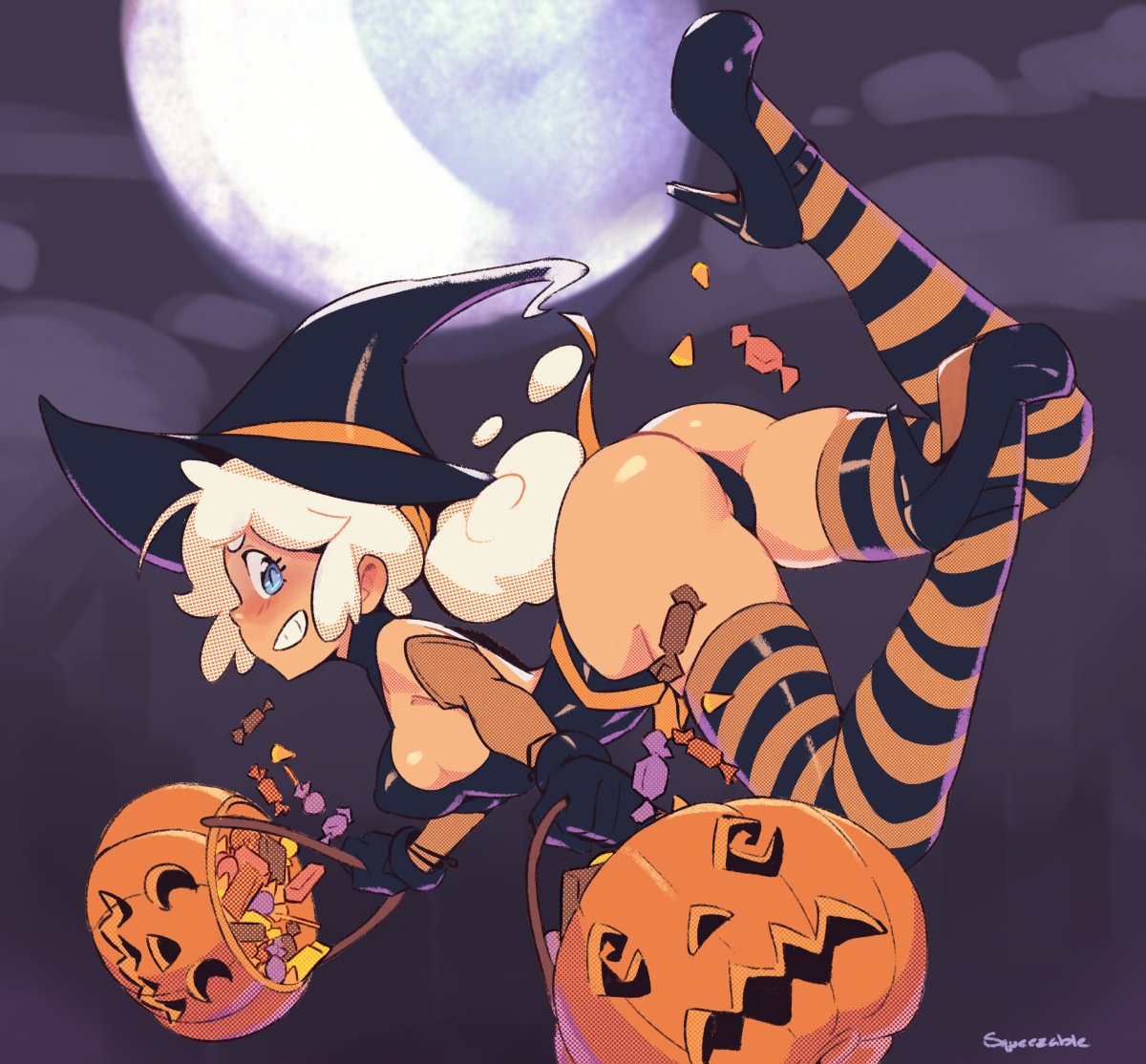 ass blue_eyes blush breasts candy from_behind halloween halloween_costume hat high_heels jack-o'-lantern looking_at_viewer looking_back moon nipple_bulge oc original original_character sideboob smiling smiling_at_viewer squeezable striped_legwear taffy_(squeezable) thighhighs tied_hair white_hair witch