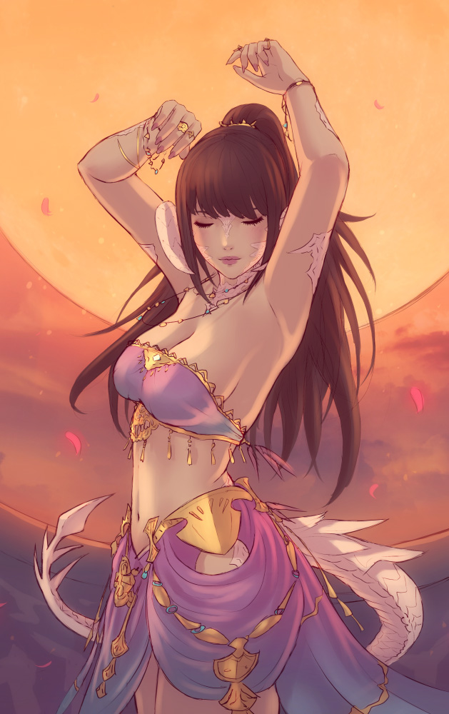 1girls, 2018, armpits, arms up, au ra, bandeau, bangs, bracelet, breasts, brown hair, cleavage, closed eyes, closed mouth, detached collar, female, female only, final fantasy, final fantasy xiv, full moon, high ponytail, jewelry, lips, lipstick, long hair, makeup, midriff, moon, nail polish, navel, necklace, orange background, pelvic curtain, pink lips, pink nails, raen, ring, solo, soranamae, standing, strapless, tail