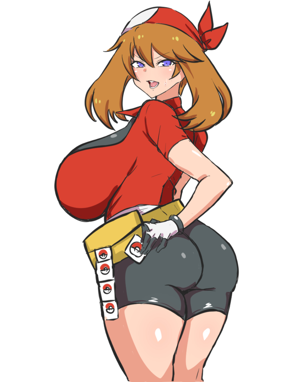 1girls, alternate breast size, ass, big ass, big breasts, big butt, breasts, brown hair, condom, condom packet strip, dd (artist), eye contact, female, female only, huge breasts, huge cock, large breasts, looking at viewer, male, may (pokemon), nintendo, penis, pokemon, pokemon rse, purple eyes, sideboob, solo, standing, thick thighs, thighs, white background