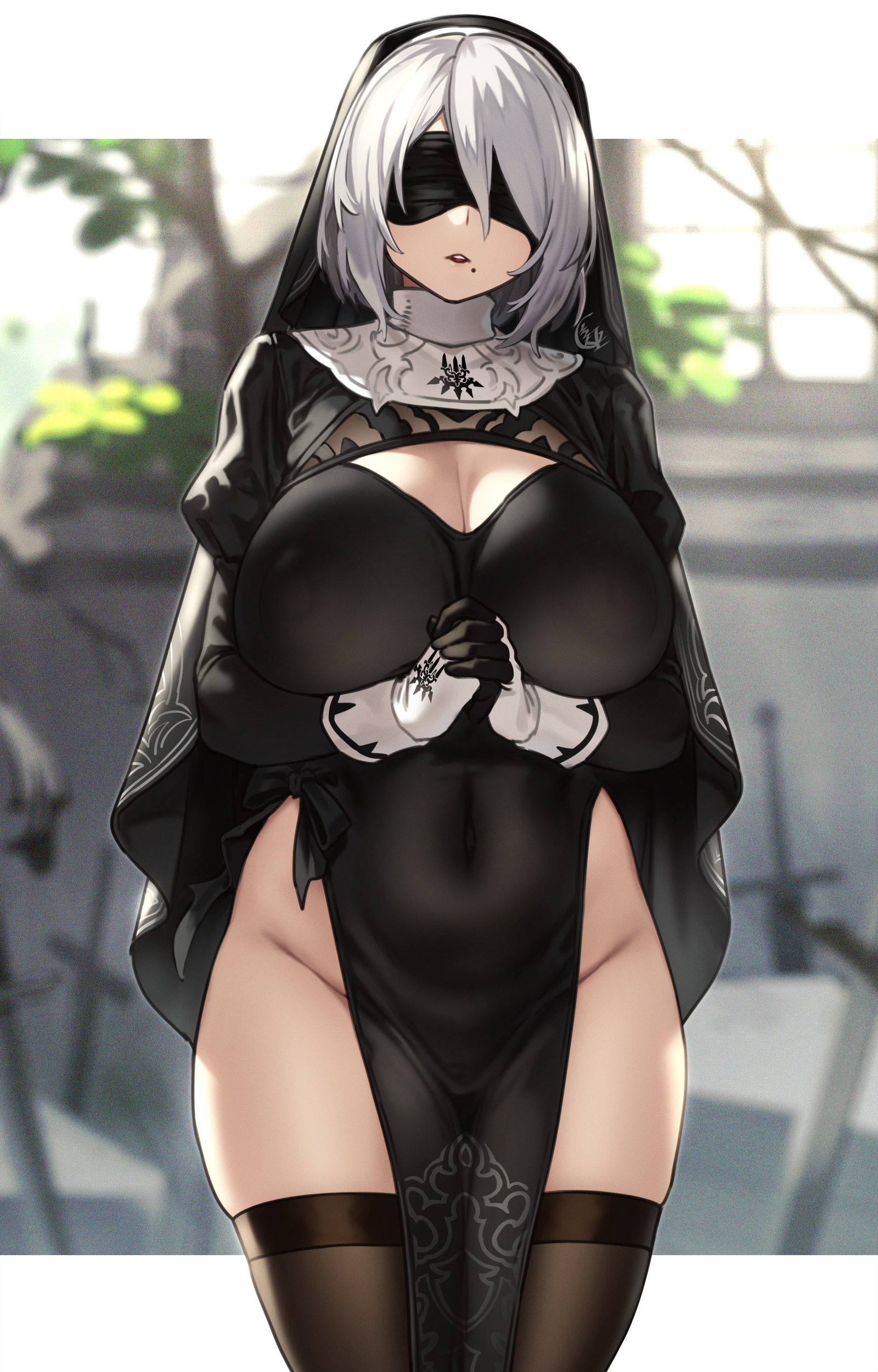 1girls, big breasts, breasts, female, female only, houtengeki, large breasts, looking at viewer, nier, nier: automata, nipples visible through clothing, nun, skindentation, solo, thick thighs, thighhighs, wide hips, yorha 2b