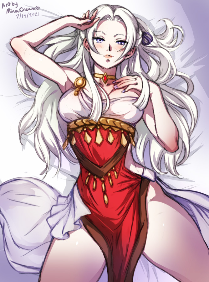1girls, 2021, alternate costume, armpits, artist name, bare arms, bare shoulders, bare thighs, blue eyes, breasts, choker, commentary, cowboy shot, dancer, dancer (three houses), dated, dress, edelgard von hresvelg, female, fire emblem, fire emblem: three houses, long hair, looking at viewer, lying, medium breasts, minacream, nail polish, nintendo, on back, on bed, pelvic curtain, purple eyes, purple nails, smile, solo, thighs, watermark, white hair