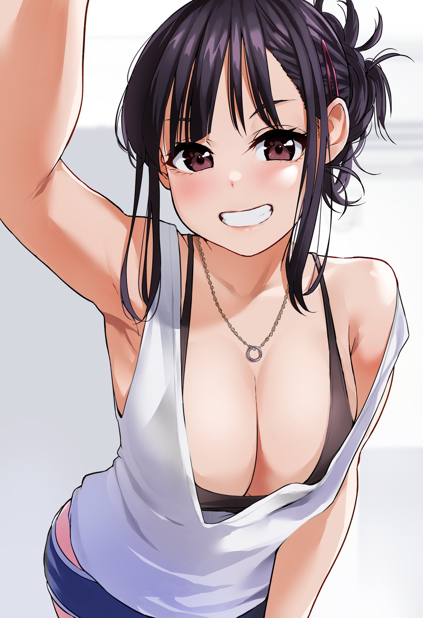 1girls, big breasts, blush, breasts, brown eyes, cleavage, elder cousin (igarashi kyouhei), female, female focus, hair bun, hairclip, igarashi kyouhei, indoors, large breasts, light skin, light-skinned female, looking at viewer, original, original character, purple hair, sidelocks, smile, tied hair