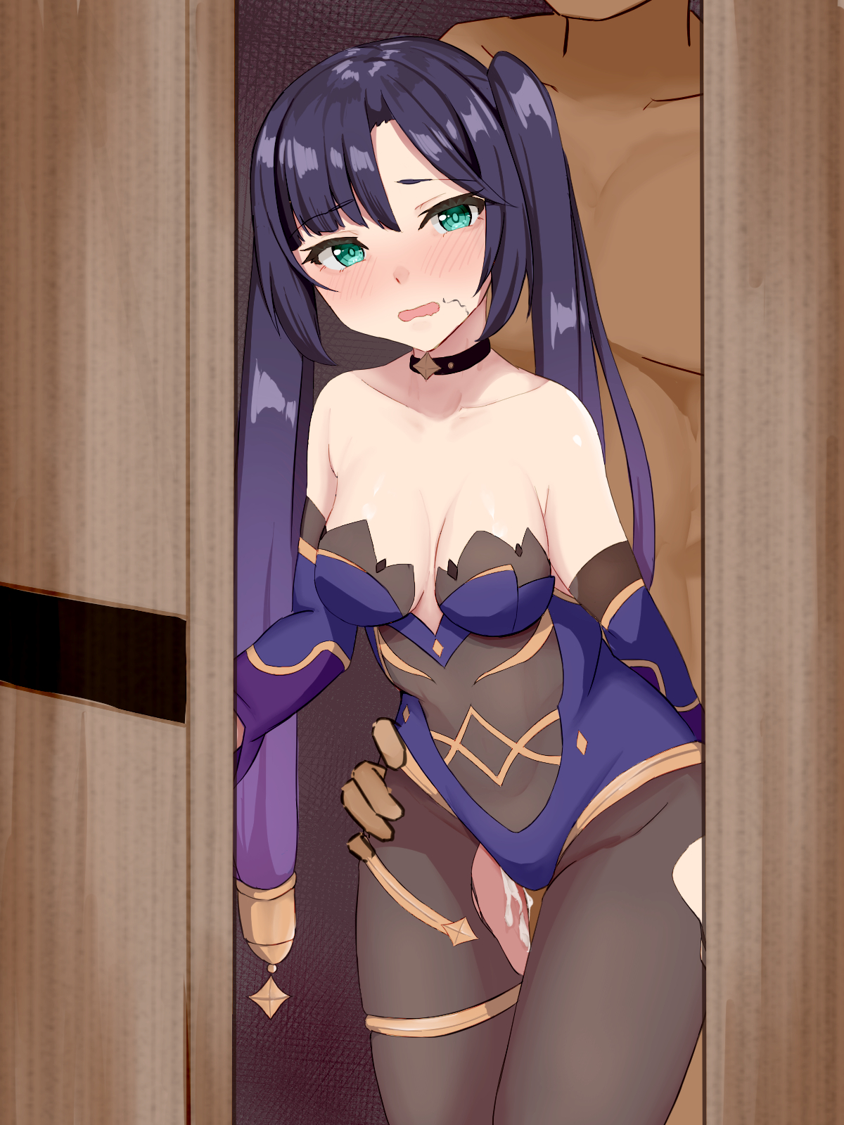 1boy, 1girls, 72 (mmmmkk), after fellatio, blush, breasts, choker, clothed female nude male, cum, cum in pussy, dark skin, dark-skinned male, female, genshin impact, green eyes, hi res, highres, leotard, looking at viewer, male, mona (genshin impact), open door, pantyhose, purple hair, pussy, standing, stray pubic hair, torn legwear, twintails, waist grab