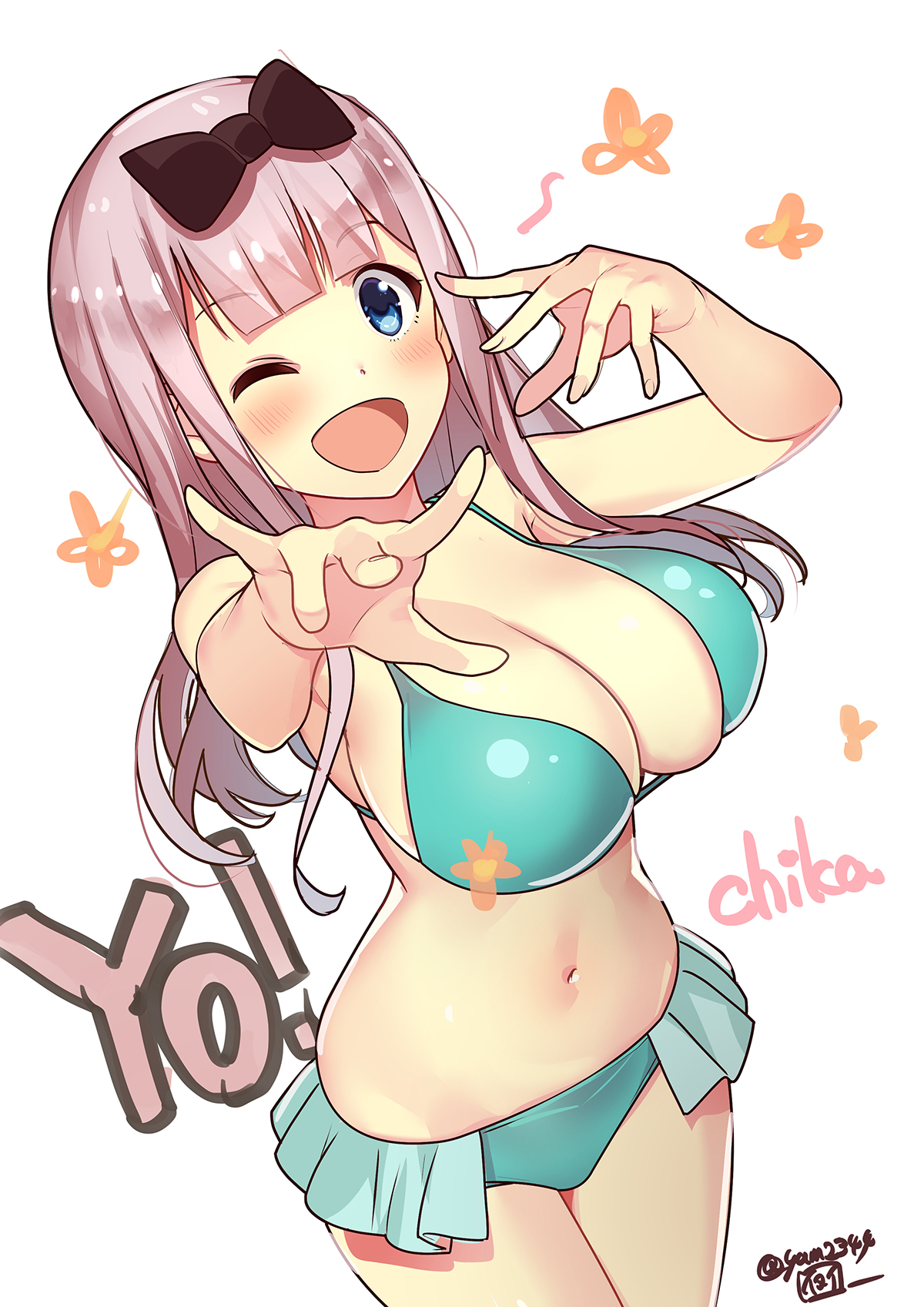 ;d, 1girls, bangs, bare arms, bare shoulders, bikini, black bow, blue bikini, blue eyes, blush, bow, breasts, cleavage, commentary request, cowboy shot, female, fujiwara chika, hairbow, highres, kaguya-sama wa kokurasetai ~tensai-tachi no renai zunousen~, large breasts, long hair, looking at viewer, navel, one eye closed, open mouth, outstretched hand, pink hair, sidelocks, smile, solo, standing, stomach, swimsuit, thighs, yamacchi
