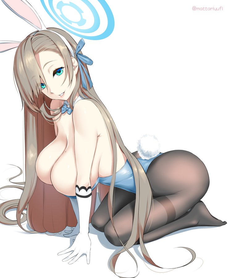 1girls, 2020s, 2021, all fours, alternate version available, animal ears, asuna (blue archive), asuna (bunny) (blue archive), bent over, between breasts, blue archive, blue eyes, bow, bowtie, breasts, claw pose, cleavage, collar, condom, female, female focus, female only, gloves, grey hair, hair over one eye, halo, hanging breasts, highres, large breasts, leaning forward, looking at viewer, mattari yufi, millennium science school student, mole, mole on breast, pantyhose, playboy bunny, rabbit ears, seductive smile, smile, solo, solo female, solo focus, toshise