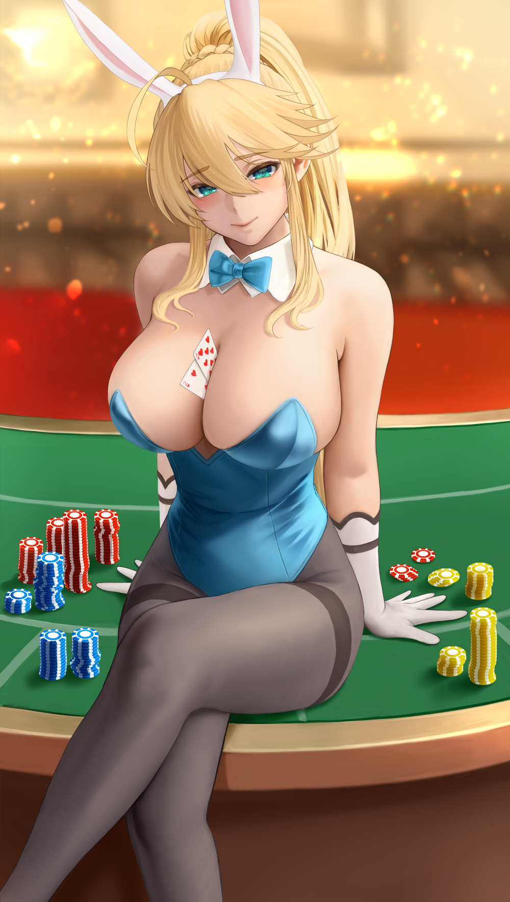 1girls 2021 ahoge alternate_version_available artoria_pendragon artoria_pendragon_(lancer) asuna_(blue_archive)_(cosplay) blonde_hair blue_archive blue_leotard blush bowtie breasts bunny_ears bunny_girl bunnysuit casino cleavage cosplay detached_collar detailed_background fate/grand_order fate_(series) feet_out_of_frame female female_focus female_only gambling gloves green_eyes highleg_leotard hips huge_breasts indoors leotard long_hair long_ponytail looking_at_viewer mature_female object_between_breasts outfit_swap playing_card poker_chip poker_table ponytail sheer_legwear sitting slim_waist thick_thighs thighs tights wide_hips yamaneko_(tkdrumsco)