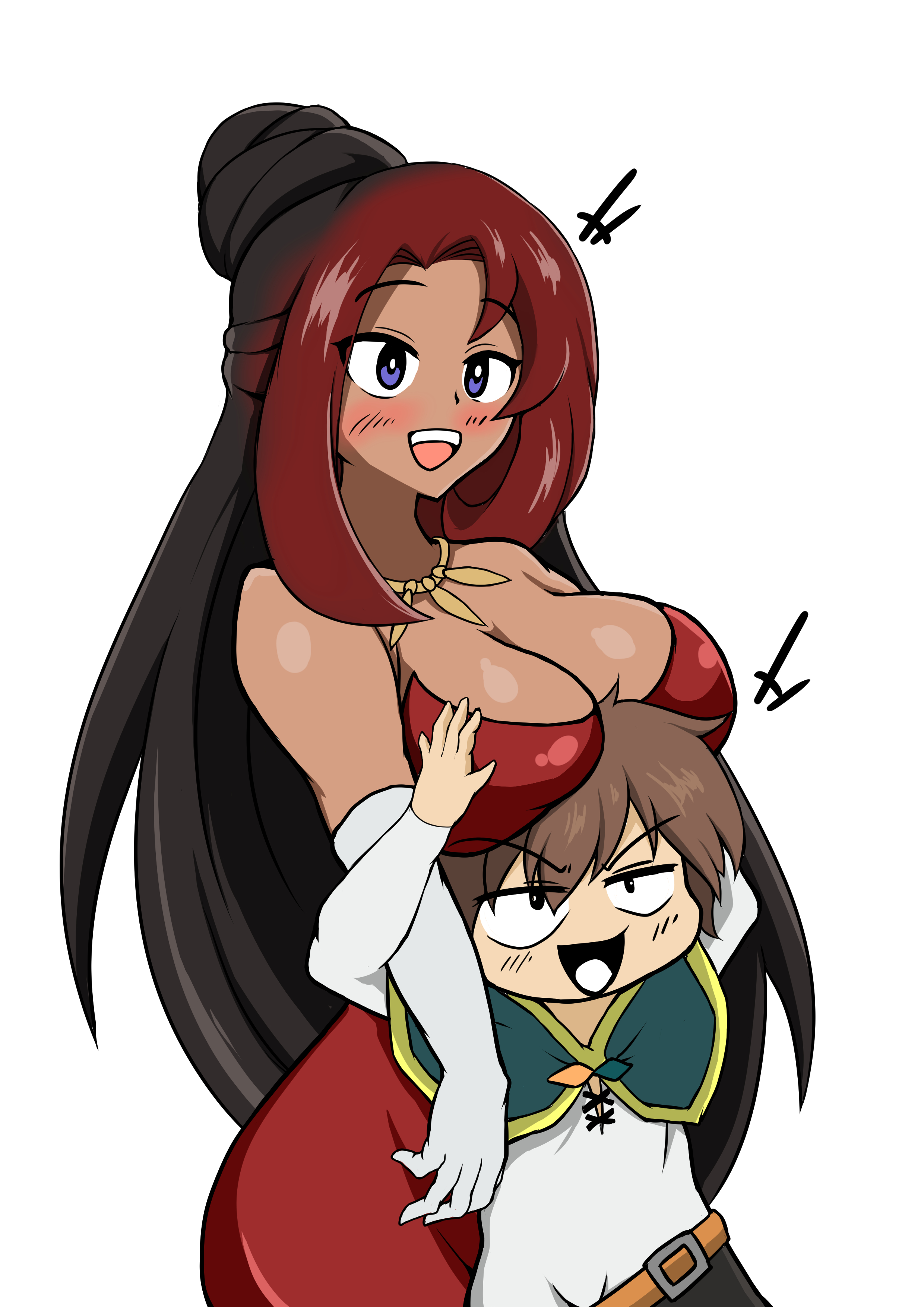 1boy, 1futa, big breasts, blush, breast grab, breast play, breasts, brown hair, brown skin, chimera, cleavage, clothed, clothed futa, clothing, dark hair, dark skin, dark-skinned futa, dress, duo, eyebrows visible through hair, fully clothed, futa with male, futanari, human, implied futa, intersex, kjy2291, kono subarashii sekai ni shukufuku wo!, large breasts, larger futa, light skin, light-skinned male, long hair, male, open mouth, pale skin, purple eyes, red dress, satou kazuma, size difference, smaller male, smile, standing, sylvia (konosuba), tongue, white background, wide hips
