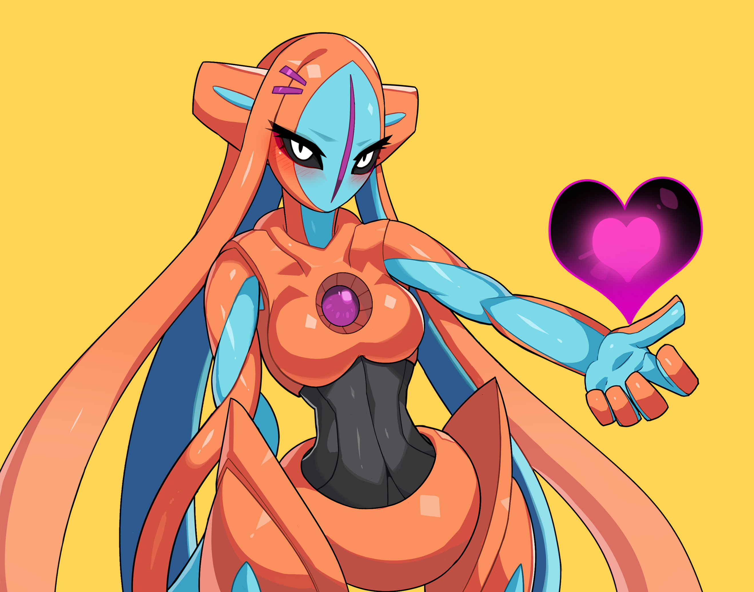 1girls, 2021, 5 fingers, alien girl, anthro, anthrofied, black eyes, black sclera, black skin, blue skin, blush, breasts, cute, deoxys, drunkoak, eyelashes, female, female only, feminization, humanoid, looking at viewer, mouthless, no mouth, orange skin, pokemon, pokemon (species), pokemon focus, seductive, seductive eyes, seductive look, simple background, solo, solo female, tagme, voluptuous, yellow background