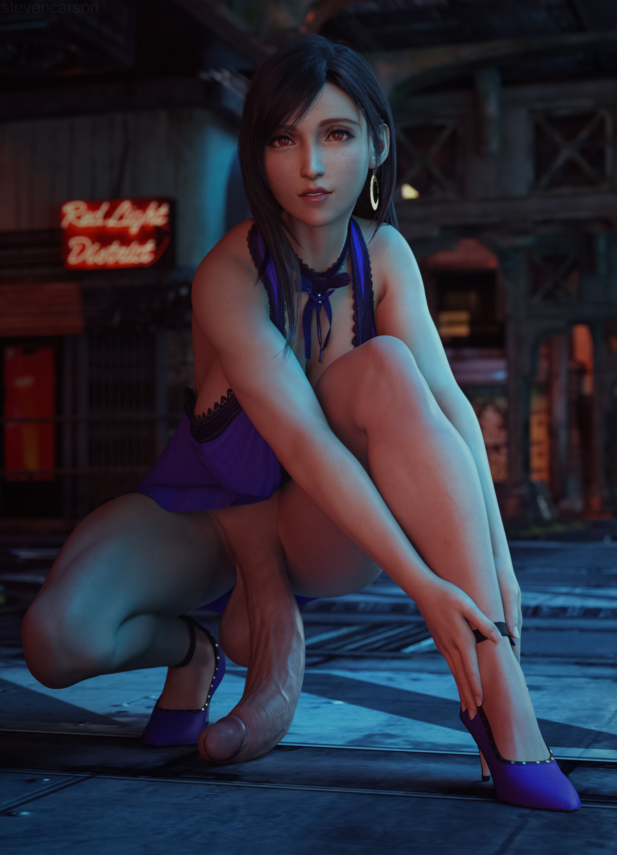 1futa, 3d, balls, balls under clothes, big penis, blue dress, bottomless skirt, breasts, casual, casual erection, casual exposure, casual nudity, clothing, crouching, daz studio, daz3d, dickgirl, erection, final fantasy, final fantasy vii, flaccid, footwear, futa only, futanari, huge balls, huge breasts, huge cock, human, ineffective clothing, intersex, pale skin, penis, penis on ground, penis out, penis under clothes, penis under skirt, realistic, red eyes, skirt, skirt lift, solo, stevencarson, tifa lockhart