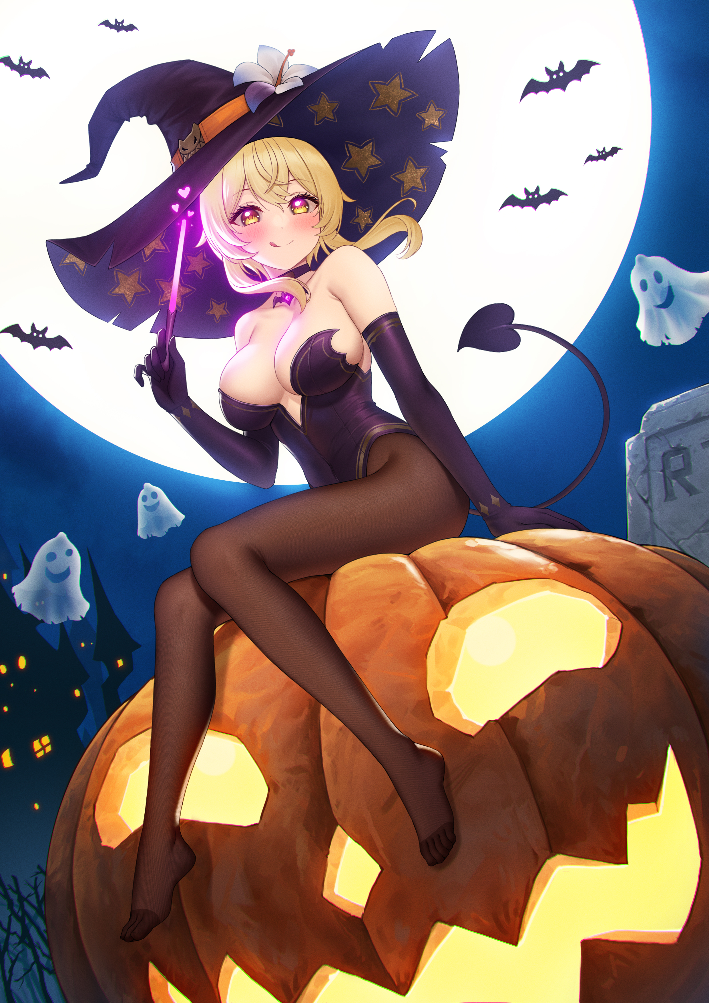 :d, blonde hair, cheeky, female, fukuro ko (greentea), genshin impact, halloween, halloween costume, lumine (genshin impact), pantyhose, witch hat