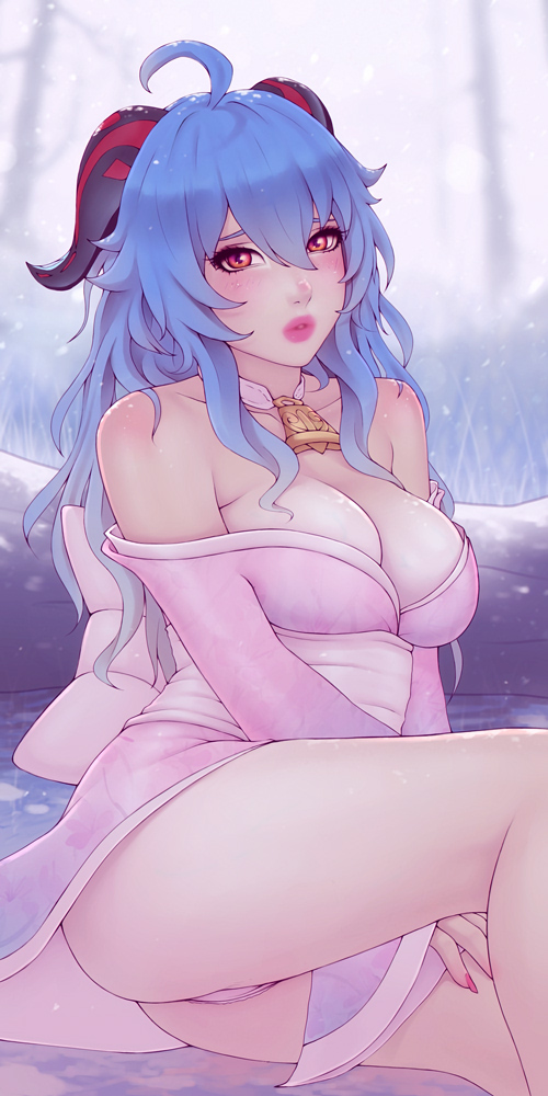 1girls, ahoge, bare shoulders, blue hair, blush, breasts, choker, cleavage, cowbell, female, ganyu (genshin impact), genshin impact, horns, japanese clothes, kimono, large breasts, lips, long hair, looking at viewer, nail polish, outdoors, panties, pantyshot, pink lipstick, red eyes, snow, solo, soranamae, underwear, yukata