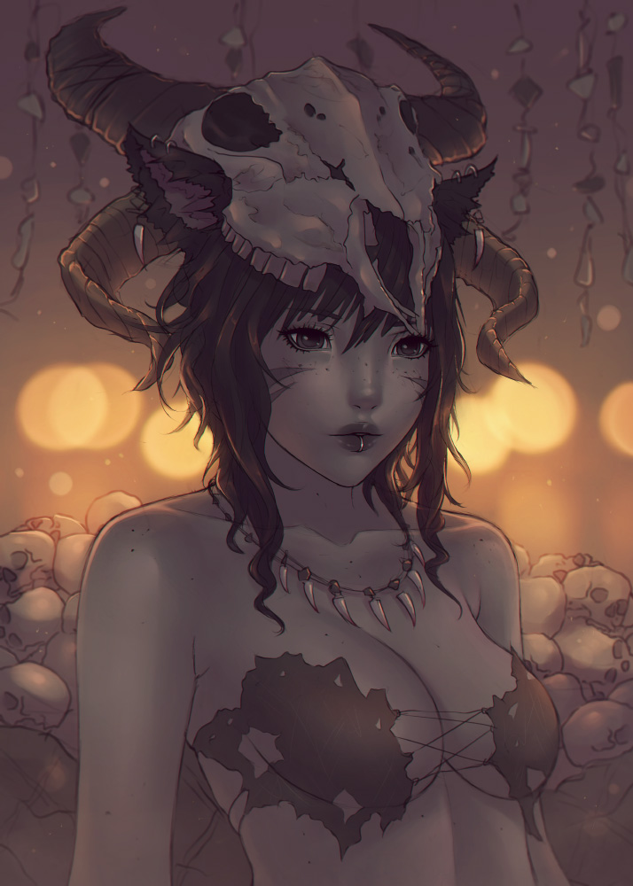 1girls 2017 animal_ears bare_shoulders bikini_top breasts brown_eyes brown_hair cat_ears cleavage dark_skin ear_piercing earrings facial_mark female female_focus final_fantasy final_fantasy_xiv freckles horns jewelry lip_piercing long_hair miqo'te necklace piercing skull solo soranamae upper_body whisker_markings