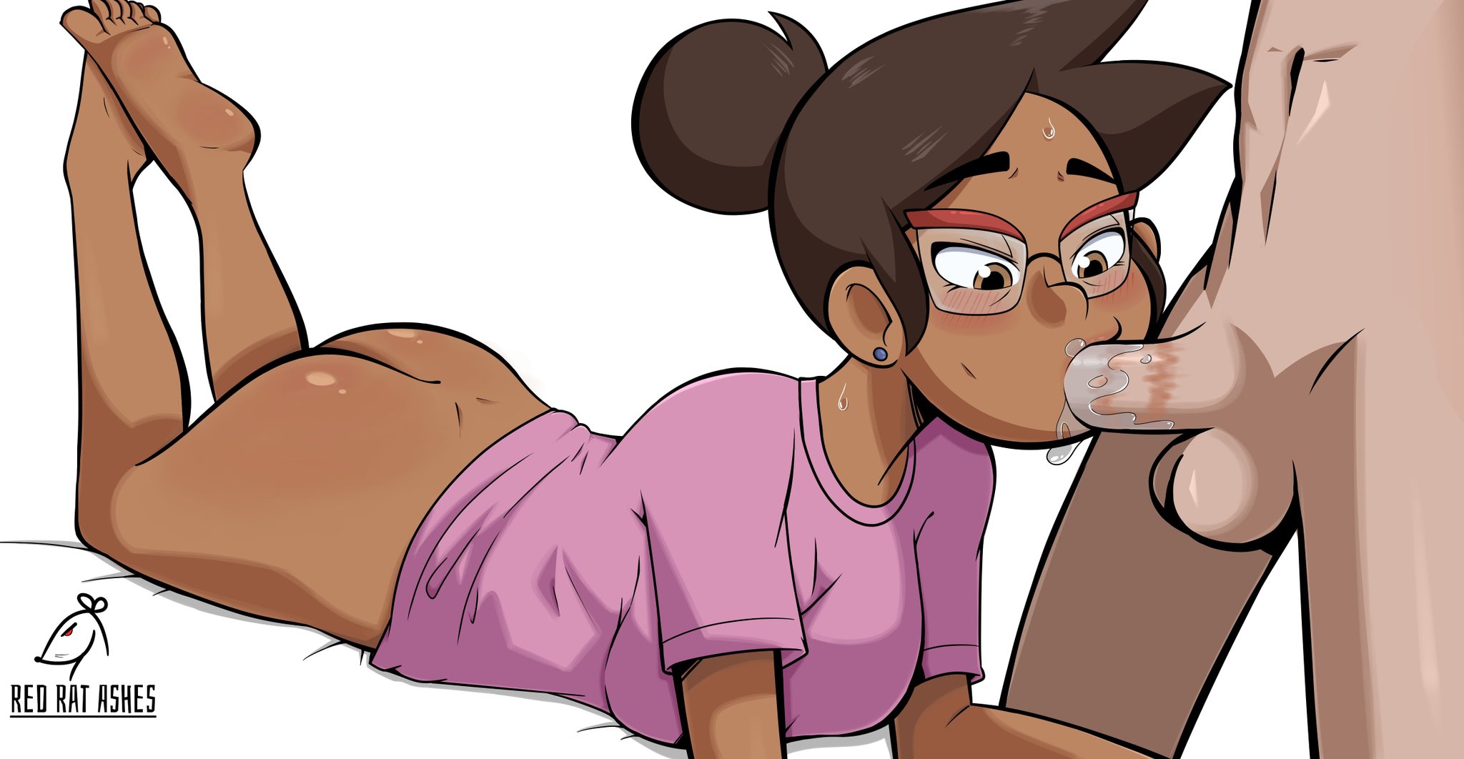1boy, 1girls, ass, balls, blowjob, blue earrings, blush, blushing, bottomless, brown eyes, brown hair, camila noceda, dark skin, dark-skinned female, earrings, exposed ass, feet, feet up, fellatio, female, glasses, hunter (the owl house), interracial, latina, latina milf, light skin, light-skinned male, lipstick, lipstick mark, lipstick on penis, lipstick ring, looking at penis, male, milf, no panties, no pants, penis, purple shirt, red glasses, redratashes, saliva on penis, shirt, straight hair, sweat, sweatdrop, the owl house